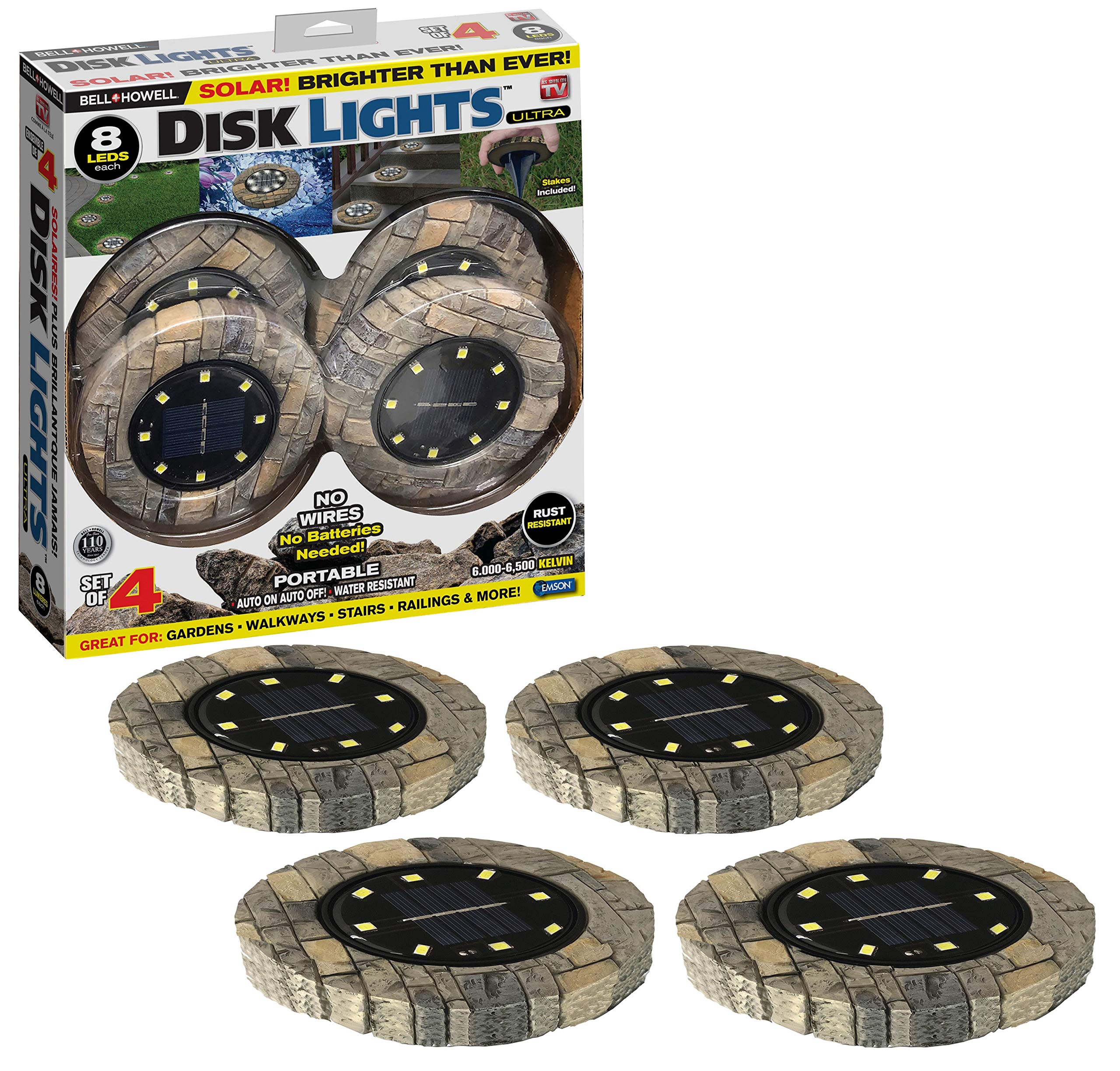 Bell+Howell Disk Lights Stone 8-Bulb Auto On/Off Outdoor Camouflaged LED Landscape Lighting - Weatherproof Solar Spotlights for Garden, Pathway, Yard & Patio Decoration (As Seen On TV)