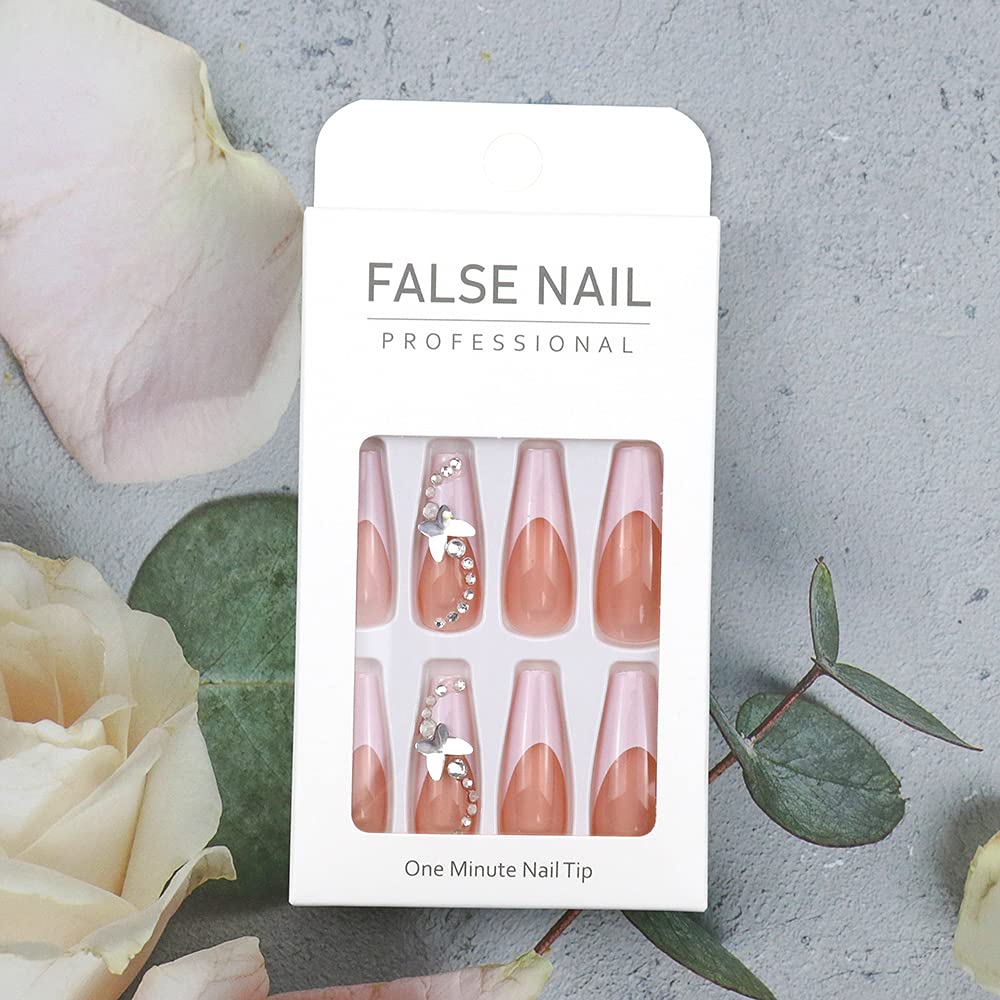 24 Pcs Long Press on Fake Nails - Acrylic Ballet French White with Butterfly Design, Self-Adhesive False Nails for Women & Girls | Perfect for Parties, Weddings, and Special Occasions