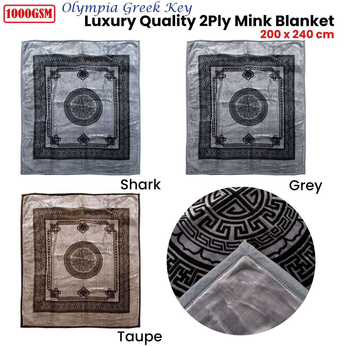1000GSM Olympia Greek Key Luxury 2-Ply Mink Blanket Queen Size - Soft Warm Bedding for Winter, Shark Grey - Perfect for Couples, Guest Rooms & Cozy Home Decor