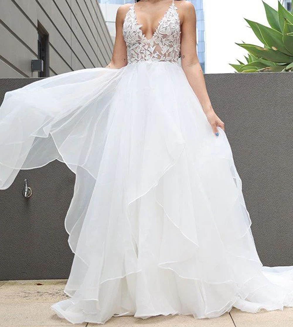Elegant Women's Double V Neck Lace Applique Wedding Dress - A-Line Tulle Bridal Ball Gown for Bride | Perfect for Church Ceremonies, Beach Weddings & Formal Receptions
