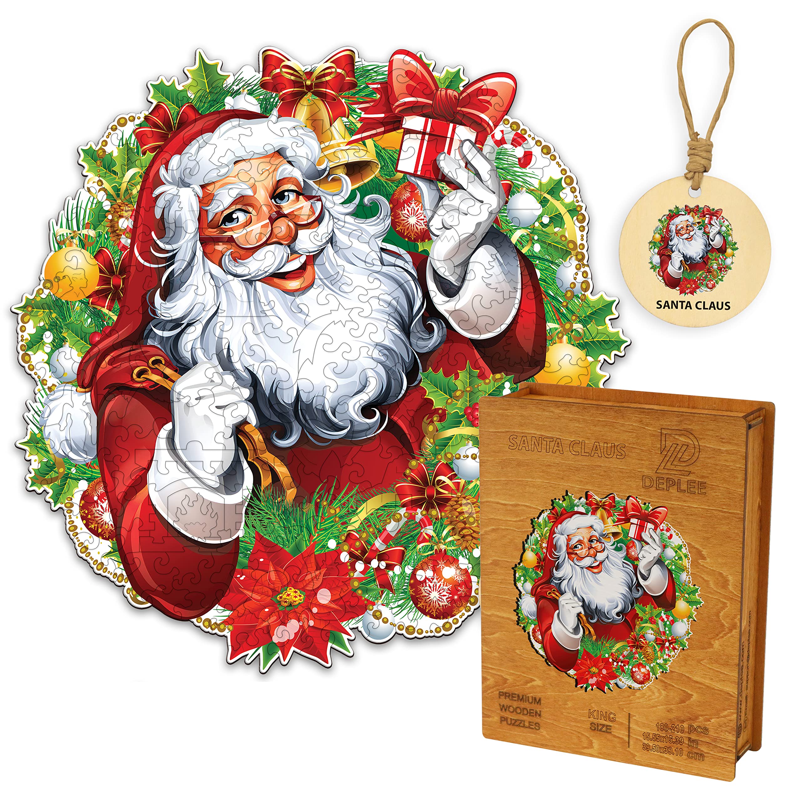DEPLEE Wooden Jigsaw Puzzles for Adults - Christmas Santa Claus Puzzle, Unique Animal Shape, 180-210 Pieces, 15.5x15.4 Inches - Creative Challenge for Family & Friends | Perfect for Holiday Gifts, Relaxation & Brain Teaser Activities