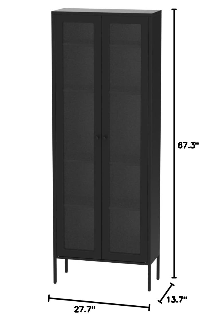 Greenvelly Black Metal Storage Cabinet with Glass Doors - 4-Shelf Modern Bookcase for Home Office, Living Room & Pantry - Display & Organize Collectibles, Books & Decor