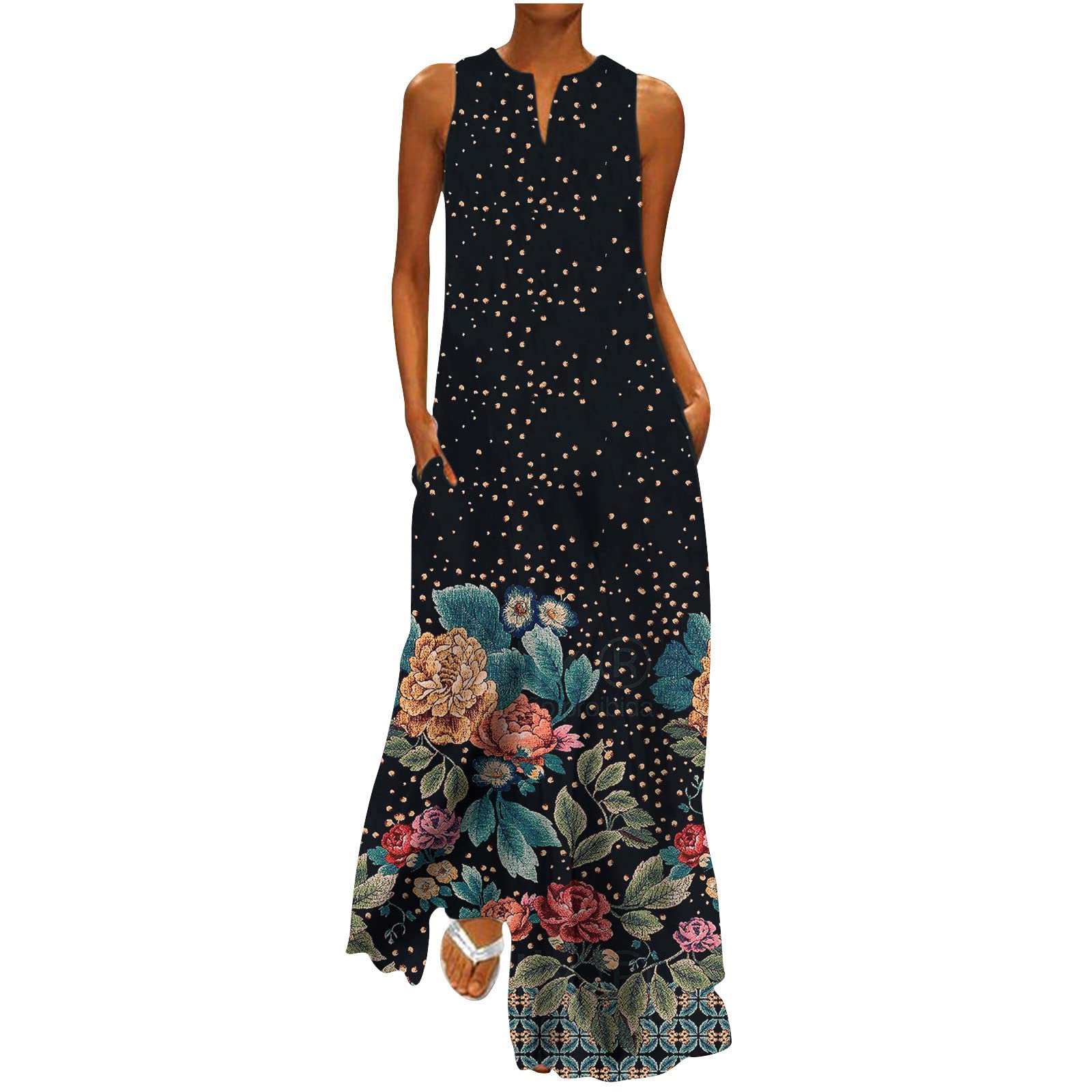 OPHPY Women's Maxi Summer Dresses 2023 - Floral Print V-Neck Long Casual Sleeveless Dress with Pockets | Beachwear, Vacation Outfit, Summer Party Dress