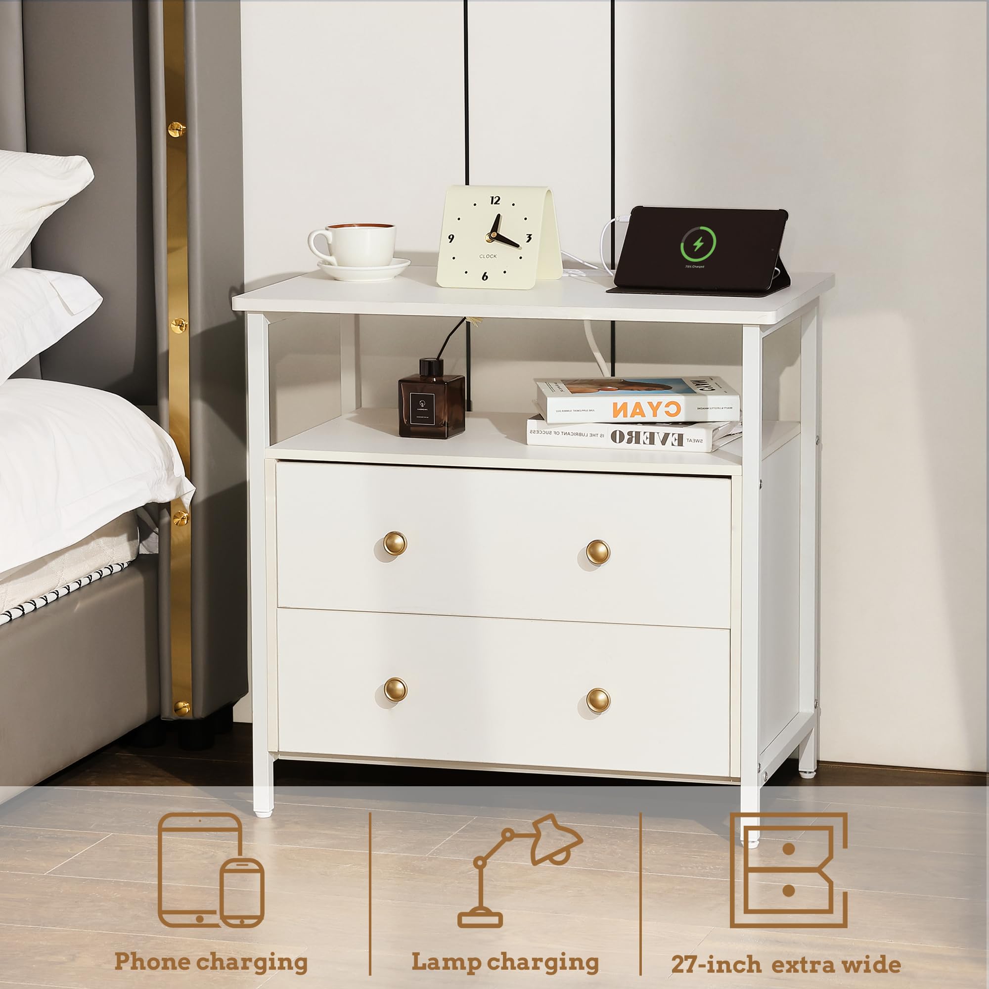 27 Inch Wide Nightstand with USB Charging Station - Modern Bedside Table with Open Shelf & 2 Drawers - Small Wood Dresser for Bedroom - White End Side Table for Home Decor & Phone Charging