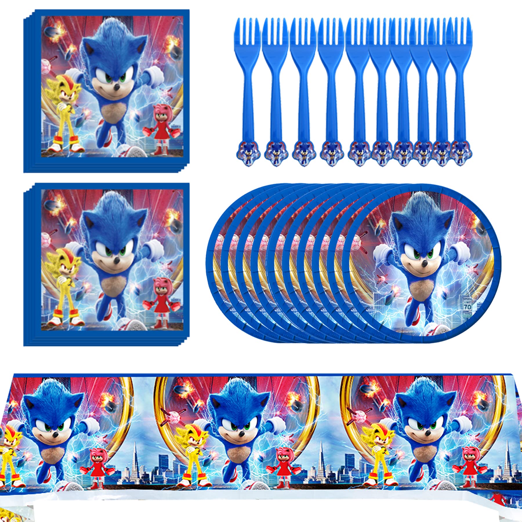 Sonic Themed Kids Birthday Party Supplies - Plates, Forks, Table Cover, Napkins & Decorations Set | Perfect for Sonic Birthday Parties, Themed Events & Kids Celebrations