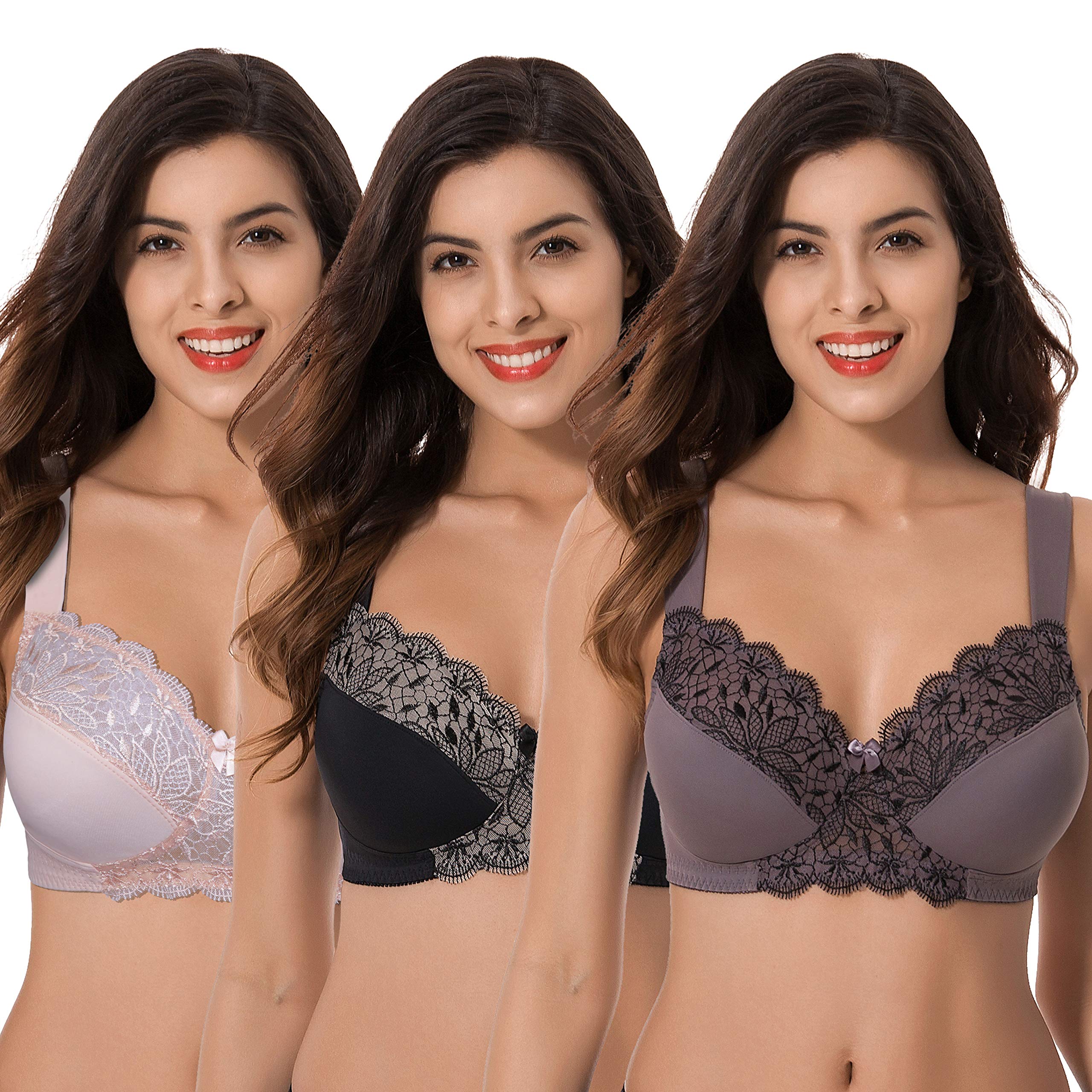 Curve Muse Plus Size Unlined Minimizer Wirefree Bras with Embroidery Lace - 3 Pack Comfortable Support for Women | Everyday Wear, Work, Yoga & Lounge