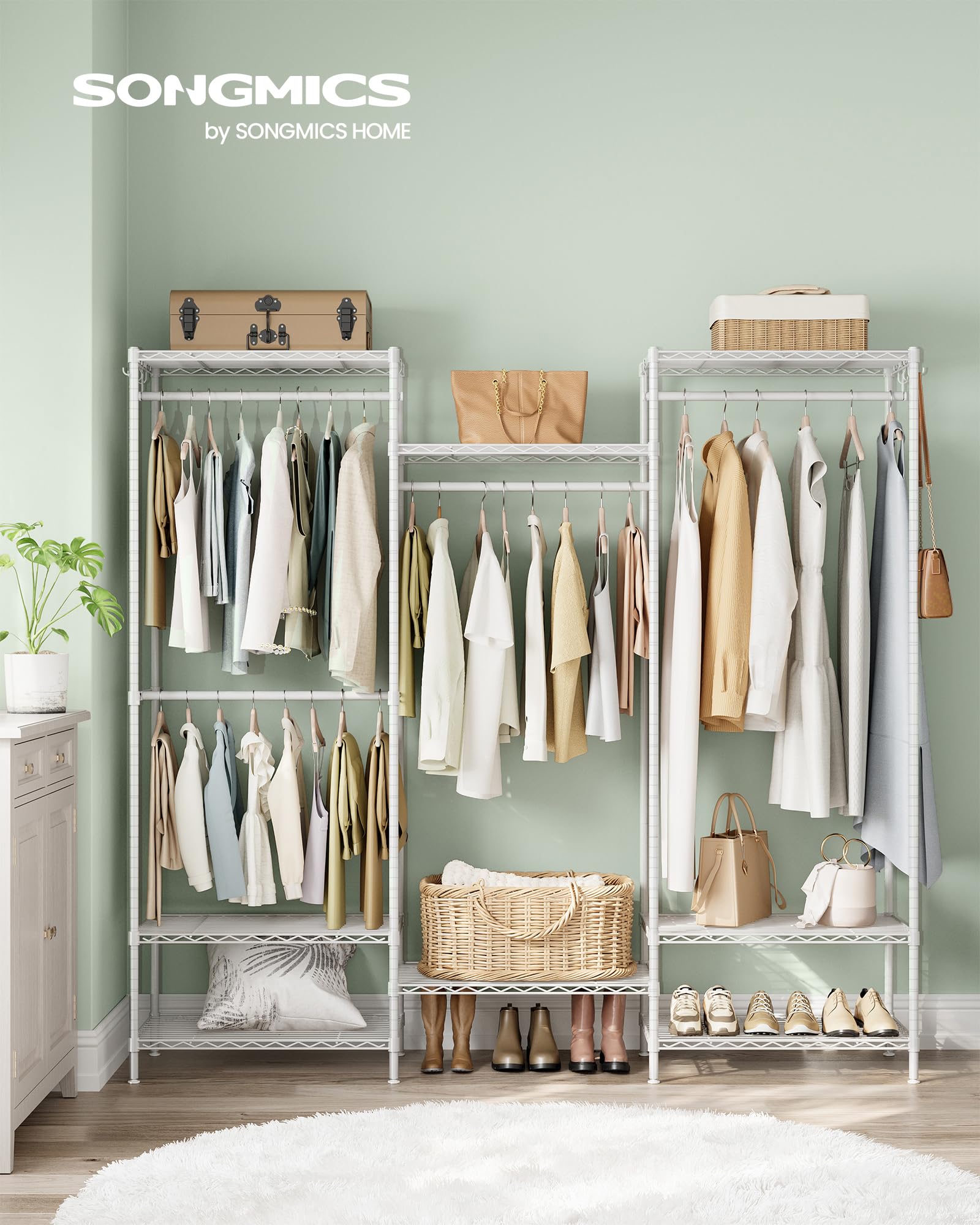 SONGMICS Metal Wardrobe with Adjustable Shelves, Hanging Rods & Hooks - Durable, Separable Freestanding Closet Organizer in Cloud White LGR431W01 - Perfect for Bedroom, Closet, Dorm & Small Space Storage