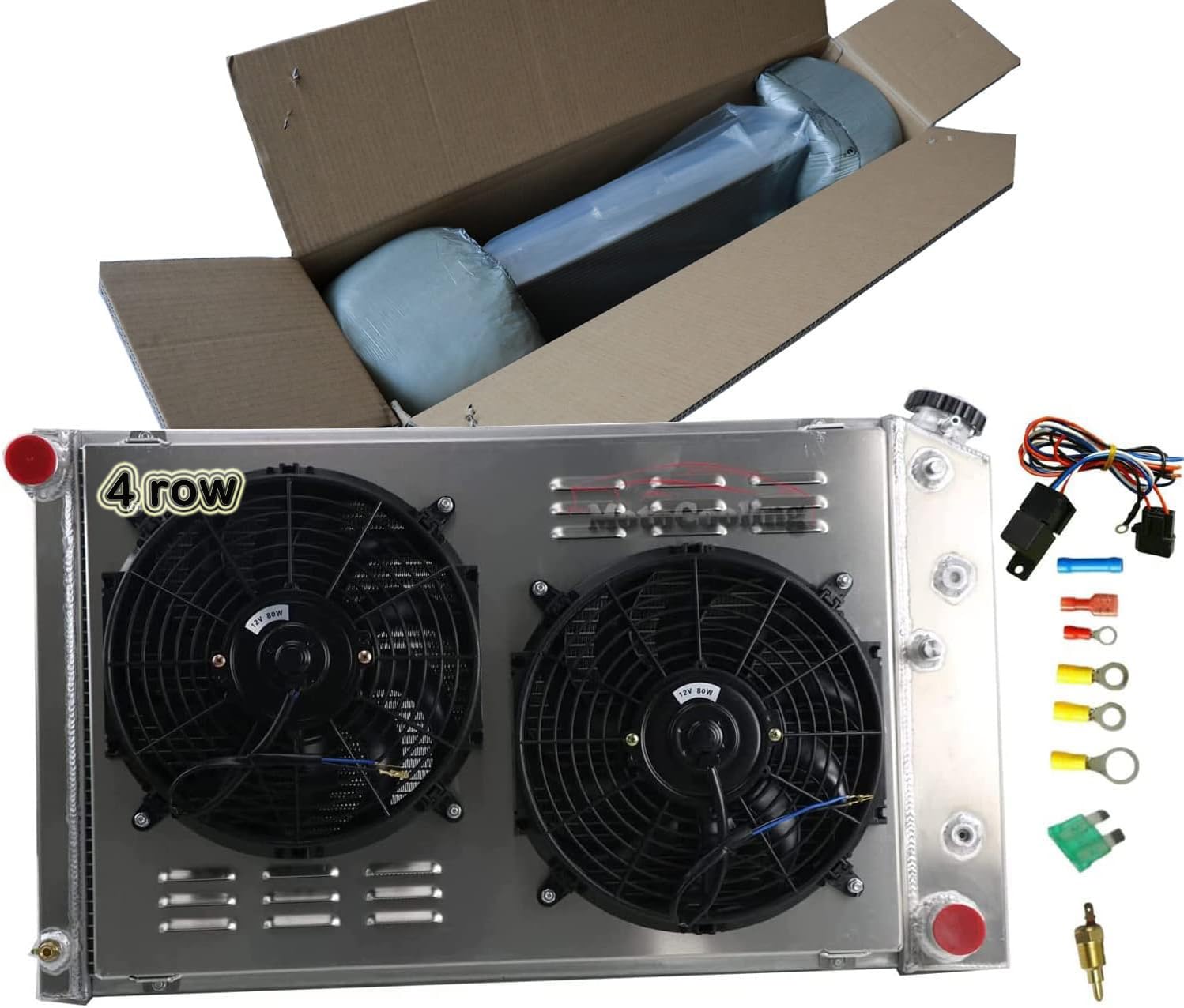 4 Row Aluminum Radiator for 1977-1987 Chevy Nova C/K/G/P Series C10 C20 C30 K10 K20 K30 & Suburban - Compatible with Buick Century, GMC C/K/G 15 25 35 K1500 K2500 K3500 - Includes CU162 Radiator Electric Fan Shroud Kit - Perfect for Engine Cooling & Performance Upgrades