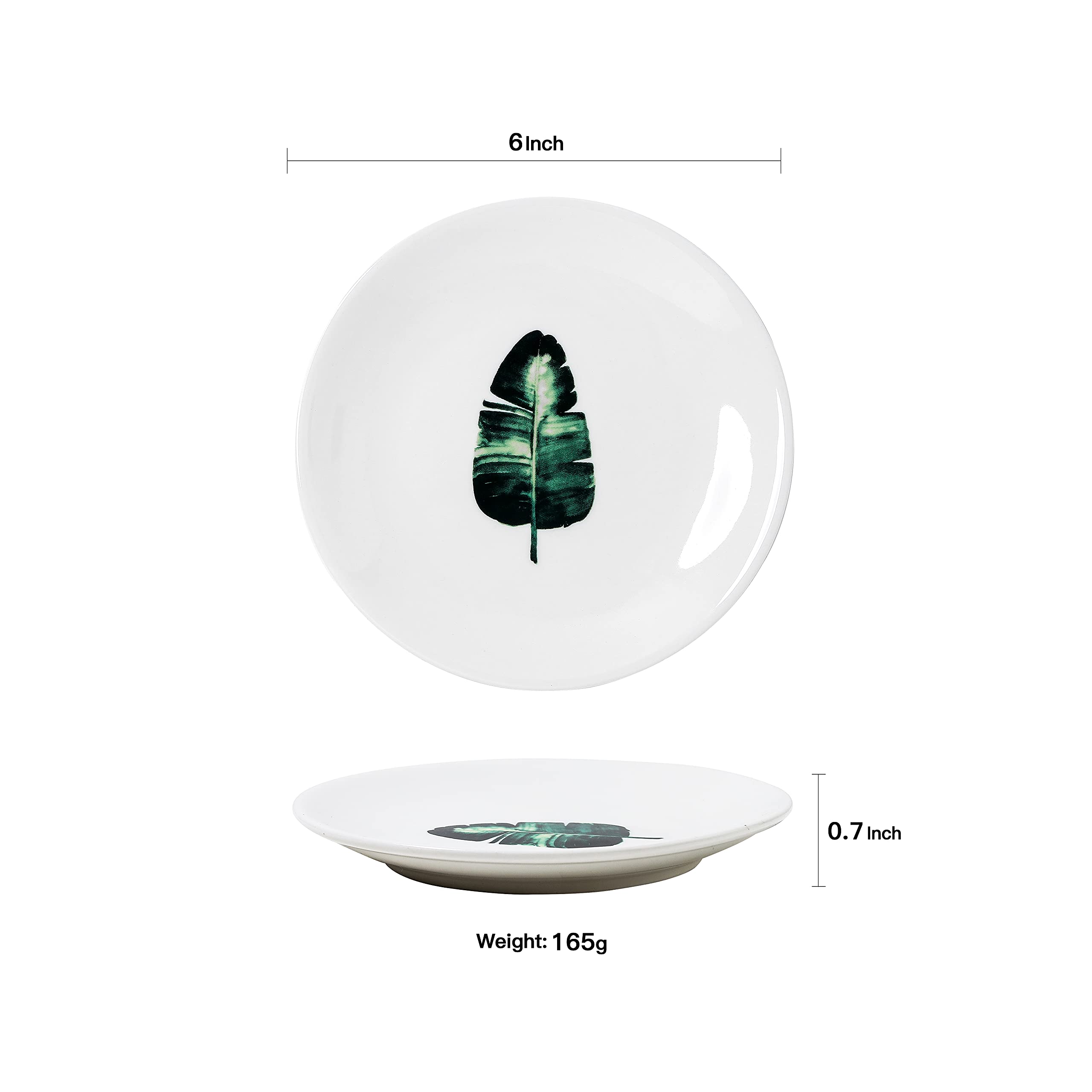 6-Piece Small Porcelain Appetizer Plates Set - 6 Inch White Ceramic Dessert Plates with Botanical Patterns, Microwave & Dishwasher Safe - Perfect for Luncheons, Snacks, Bread Serving & Party Dining