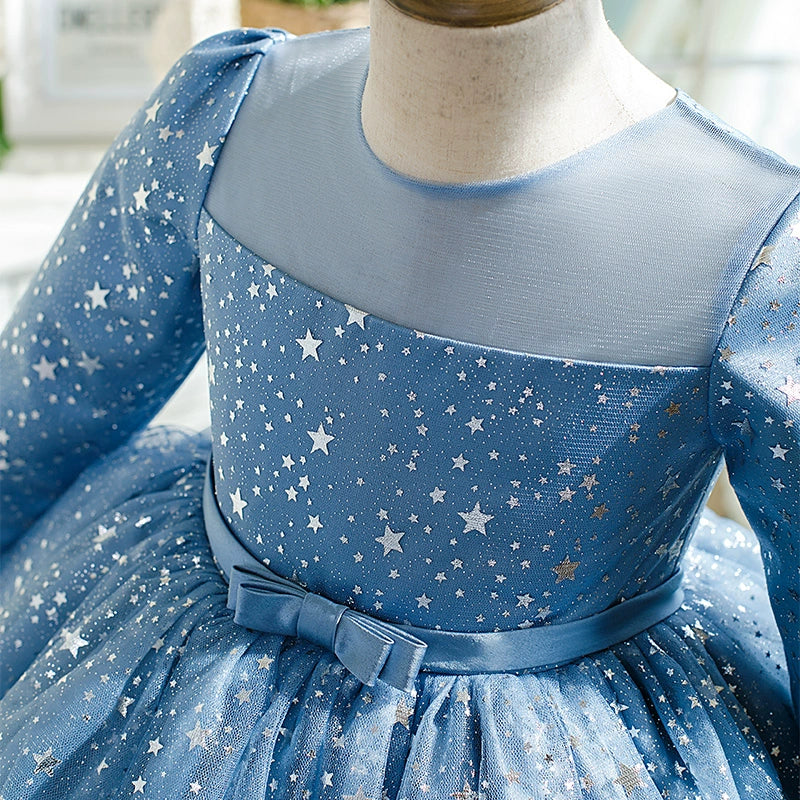 Royal Blue Organza Flower Girl Dress with Princess Round Neckline & Tea-Length Skirt – Perfect for Weddings, Birthday Parties & Special Occasions