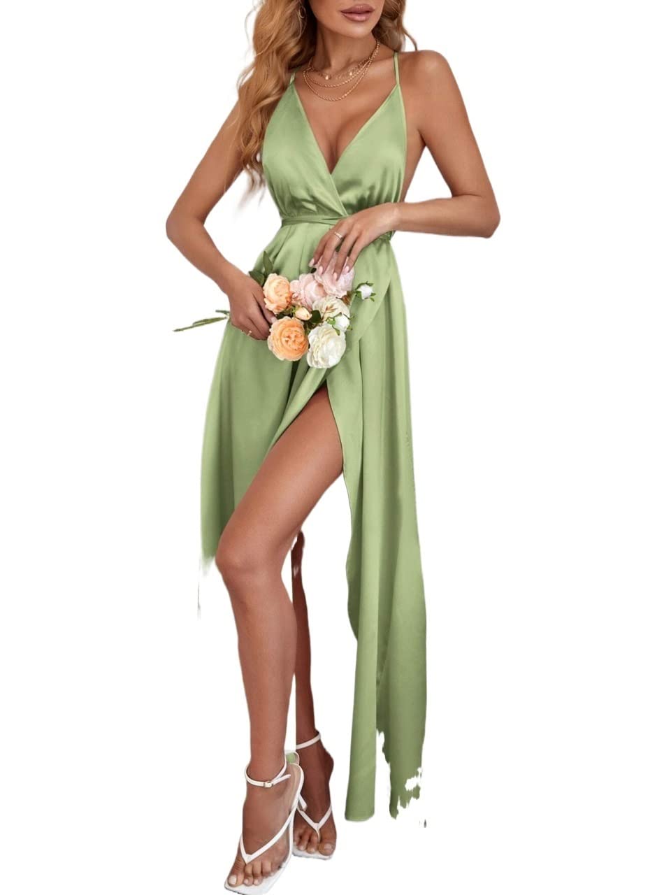 **IFAJOR Women's Summer Satin Wrap Dress - Criss Cross Tie Backless Cami Dress, Casual & Elegant (Lime Green, Small) | Perfect for Beach Outings, Date Nights & Summer Vacations**