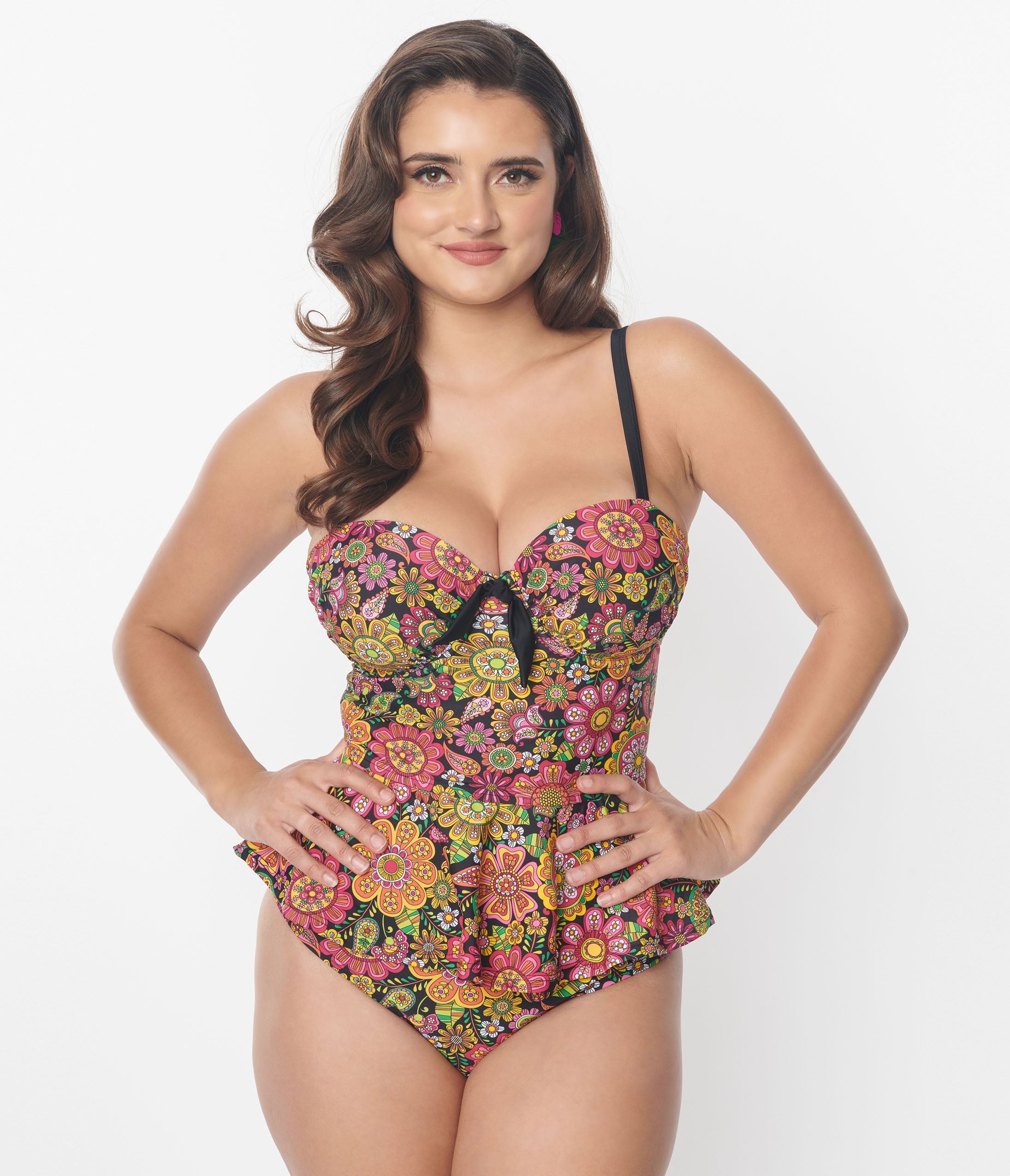 Vintage 1960s Kaleidoscope Floral Print Solana Tankini Swim Top - Retro Beachwear for Women, Pool Party & Summer Vacation Outfit
