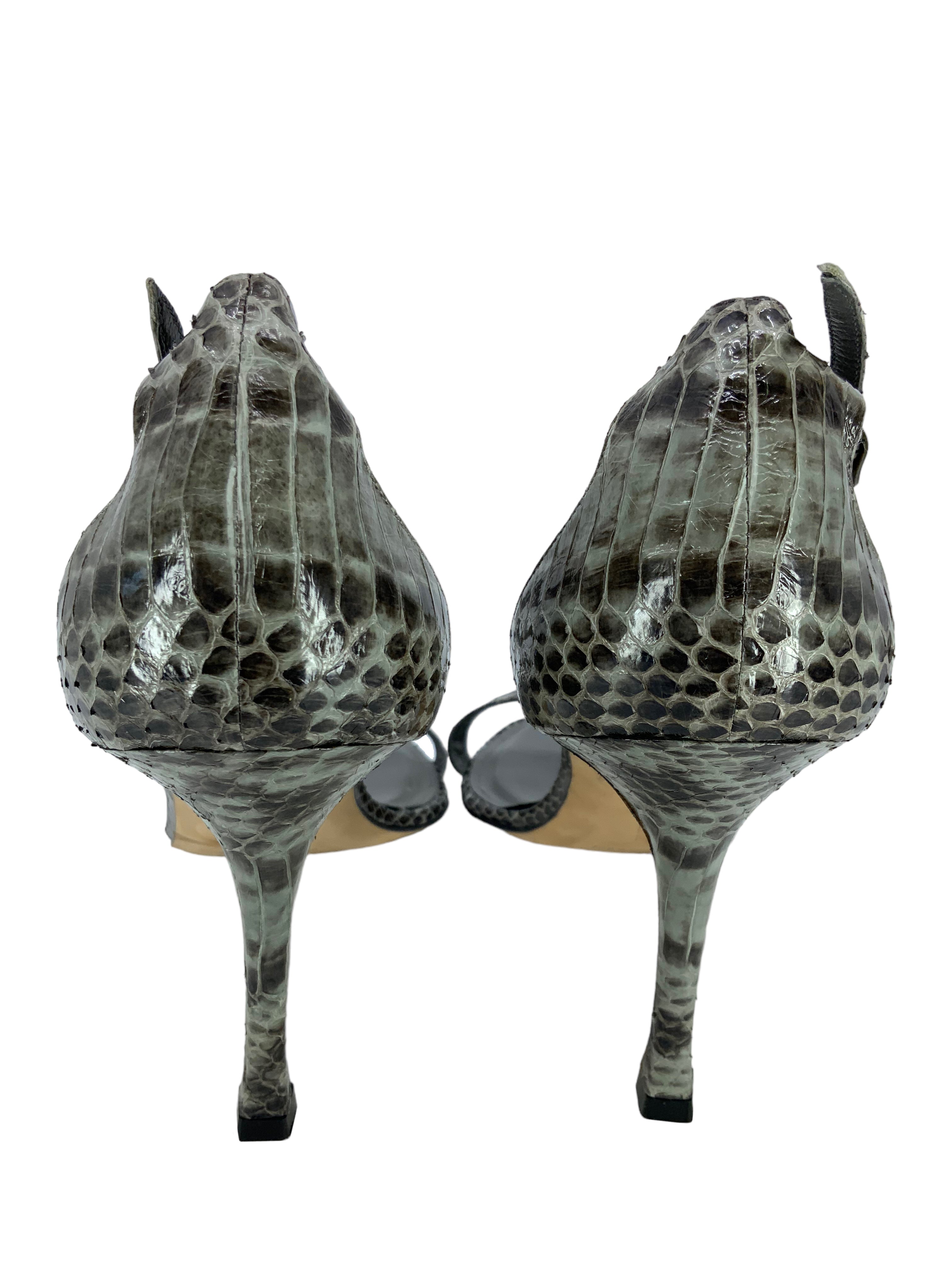 Manolo Blahnik Women's Size 12 Snakeskin T-Strap Heel Sandals - Luxury Designer Shoes for Evening Parties & Weddings