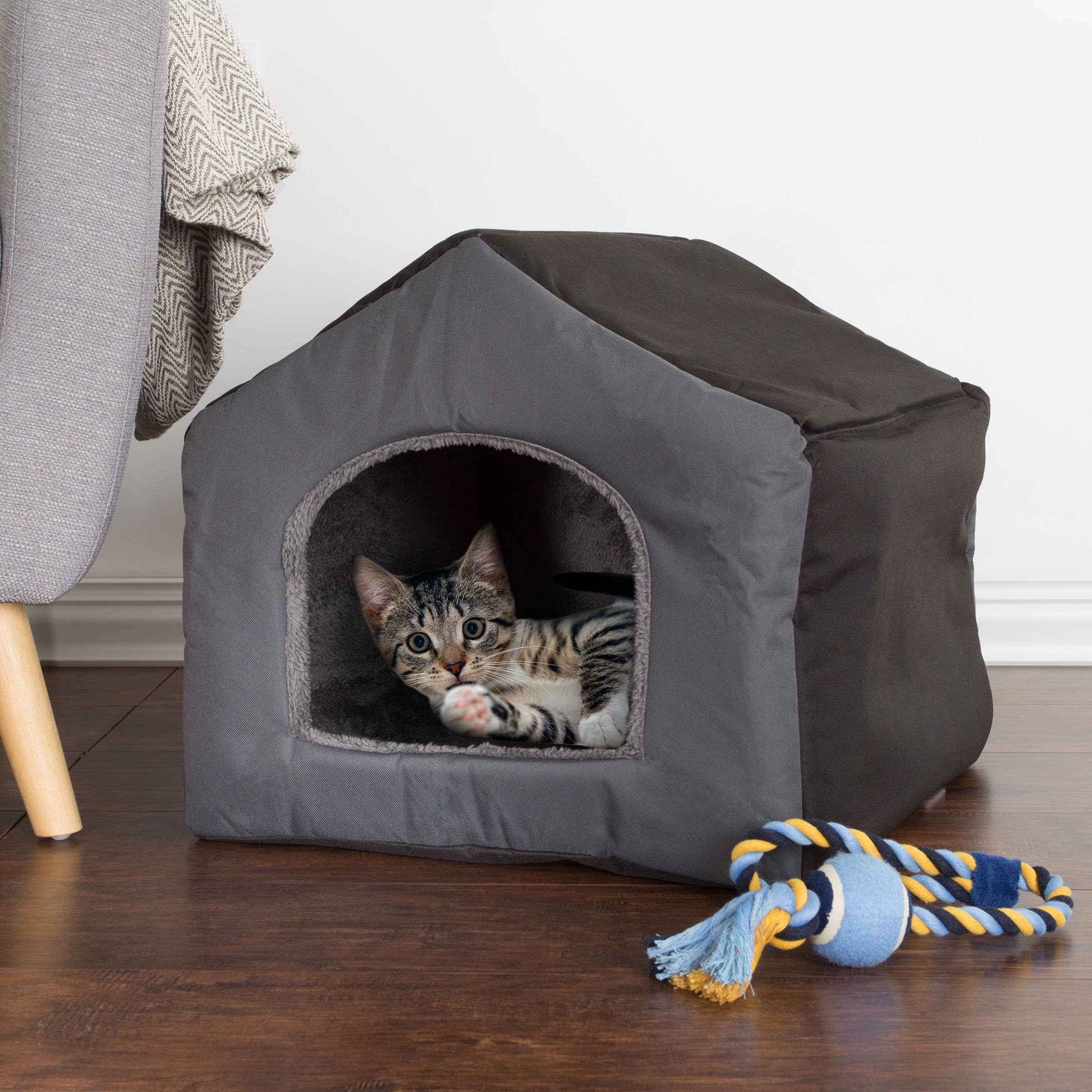Cozy Indoor Dog House with Removable Sherpa Cushion - Soft Pet Bed for Small Dogs, Cats & Kittens | Portable Puppy Shelter for Home, Apartment & Travel | PETMAKER Gray Pet House