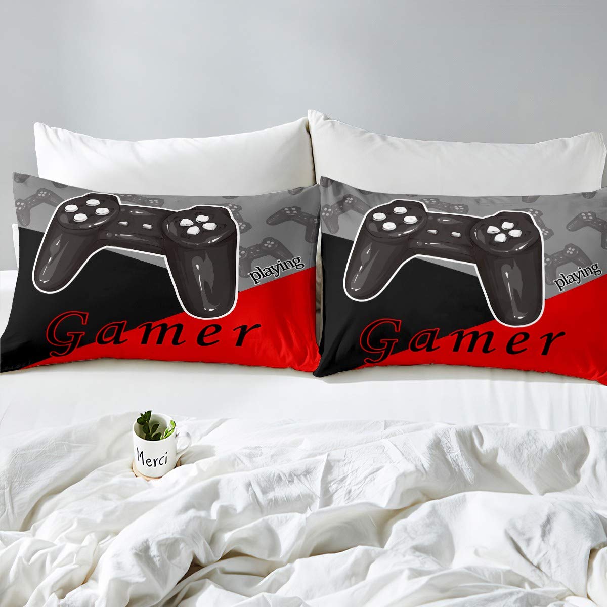 Feelyou Gaming Duvet Cover Set for Boys & Teens - Console Gamepad Design, Twin Size, 2-Piece Set (1 Duvet Cover + 1 Pillowcase) - Black, Red & Grey - Perfect for Gamers' Bedroom Decor & Video Game Themed Rooms