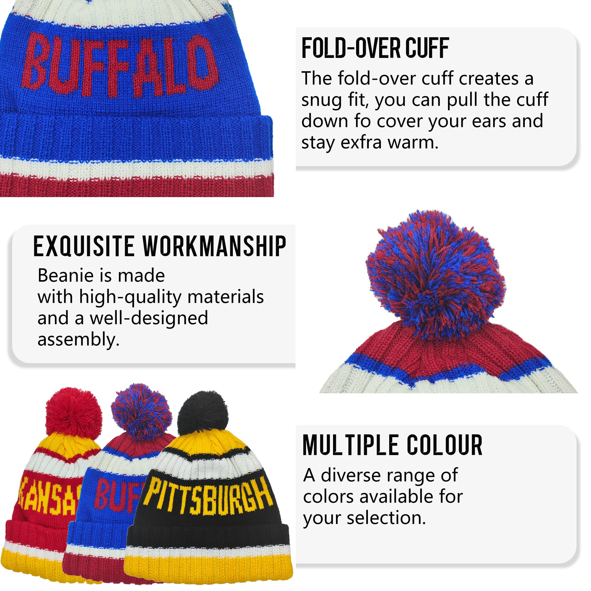 City Beanie Knit Hat with Pom Pom - Winter Cuffed Cap for Men & Women - Warm Fleece Lined Skull Cap - Perfect for Skiing, Snowboarding & Outdoor Sports Gifts