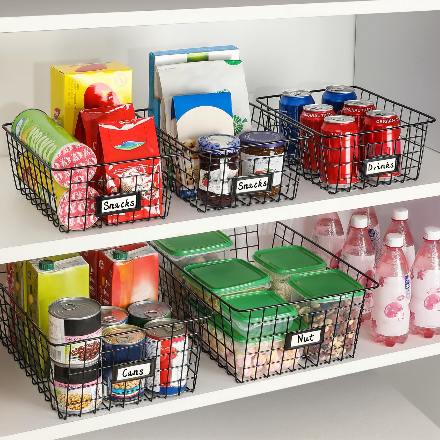 6-Pack Extra Large Metal Wire Storage Baskets with Labels - Black Pantry Organizer Bins for Kitchen, Laundry, Garage, Fridge & Bathroom Countertop - Perfect for Home Organization and Decluttering Spaces