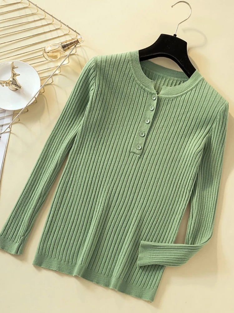 Button Basic Slim Knitted Pullover Sweater for Women - Soft Comfortable Lightweight Casual Tops for Fall & Winter - Perfect for Office, Dating and Weekend Outfits