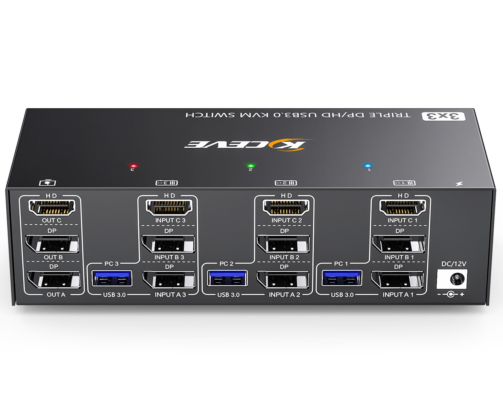 MLEEDA 3-in-1 KVM Switch for 3 Computers & 3 Monitors - 8K@60Hz 4K@144Hz HDMI+2 DisplayPort - Share 3 Monitors & 4 USB 3.0 Devices - Includes Wired Remote & 12V Power Adapter - Perfect for Multi-PC Workstations, Gaming Setups & Office Environments