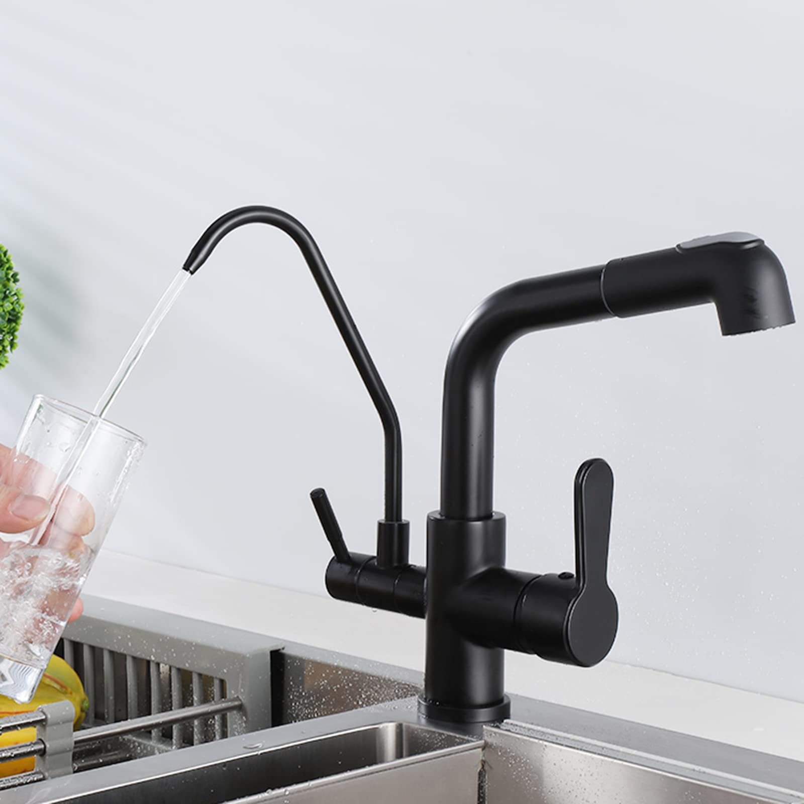 3-Way Pull-Out Spray Kitchen Faucet with Water Filter - Black Brass Swivel Spout for Hot & Cold Water - Multi-Functional Sink Faucet for Modern Kitchens, Dishwashing & Food Prep
