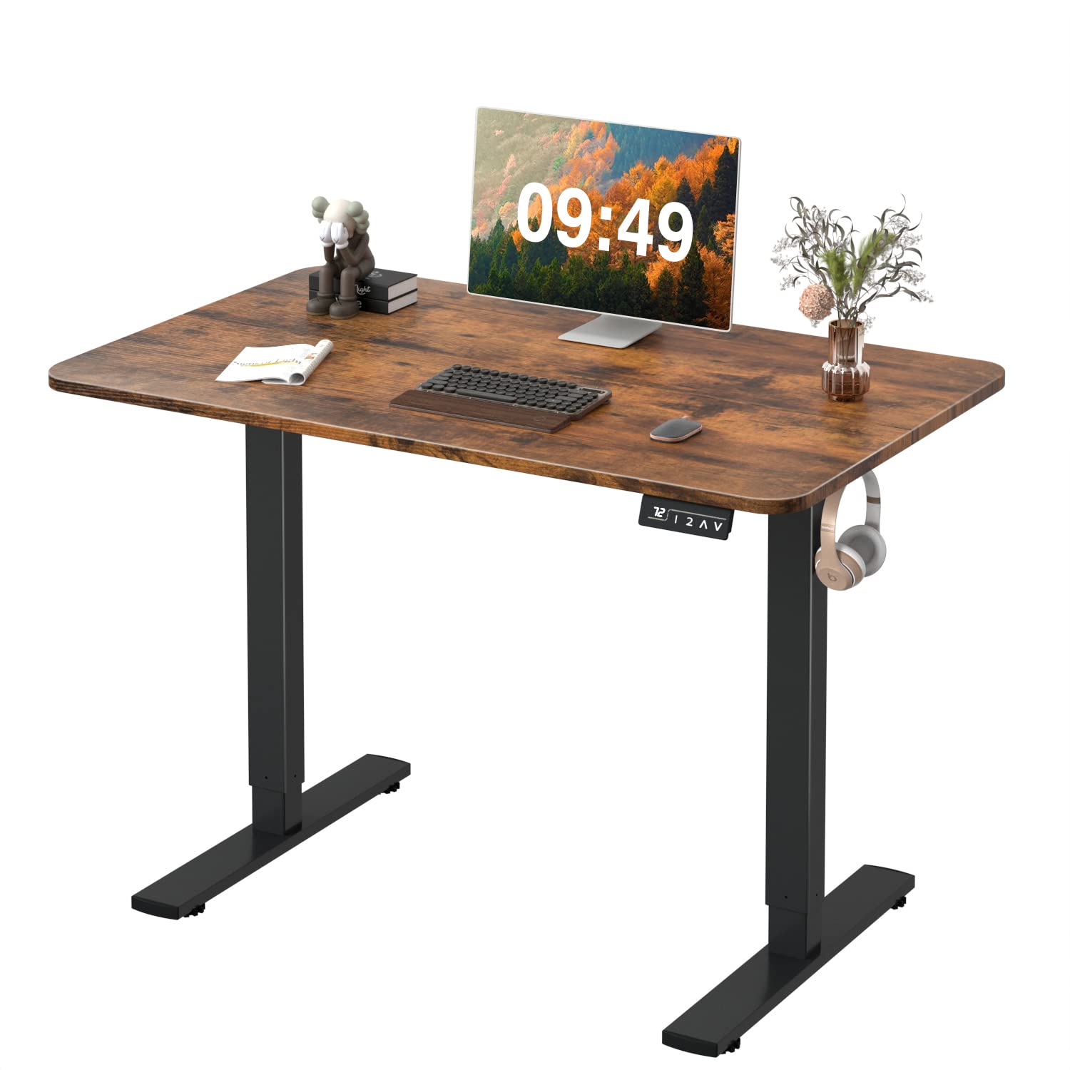 Furmax Electric Height Adjustable Standing Desk 40 x 24 Inches - Sit Stand Computer Desk with Memory Preset & T-Shaped Metal Frame (Brown) for Home Office, Gaming & Workspace Ergonomics