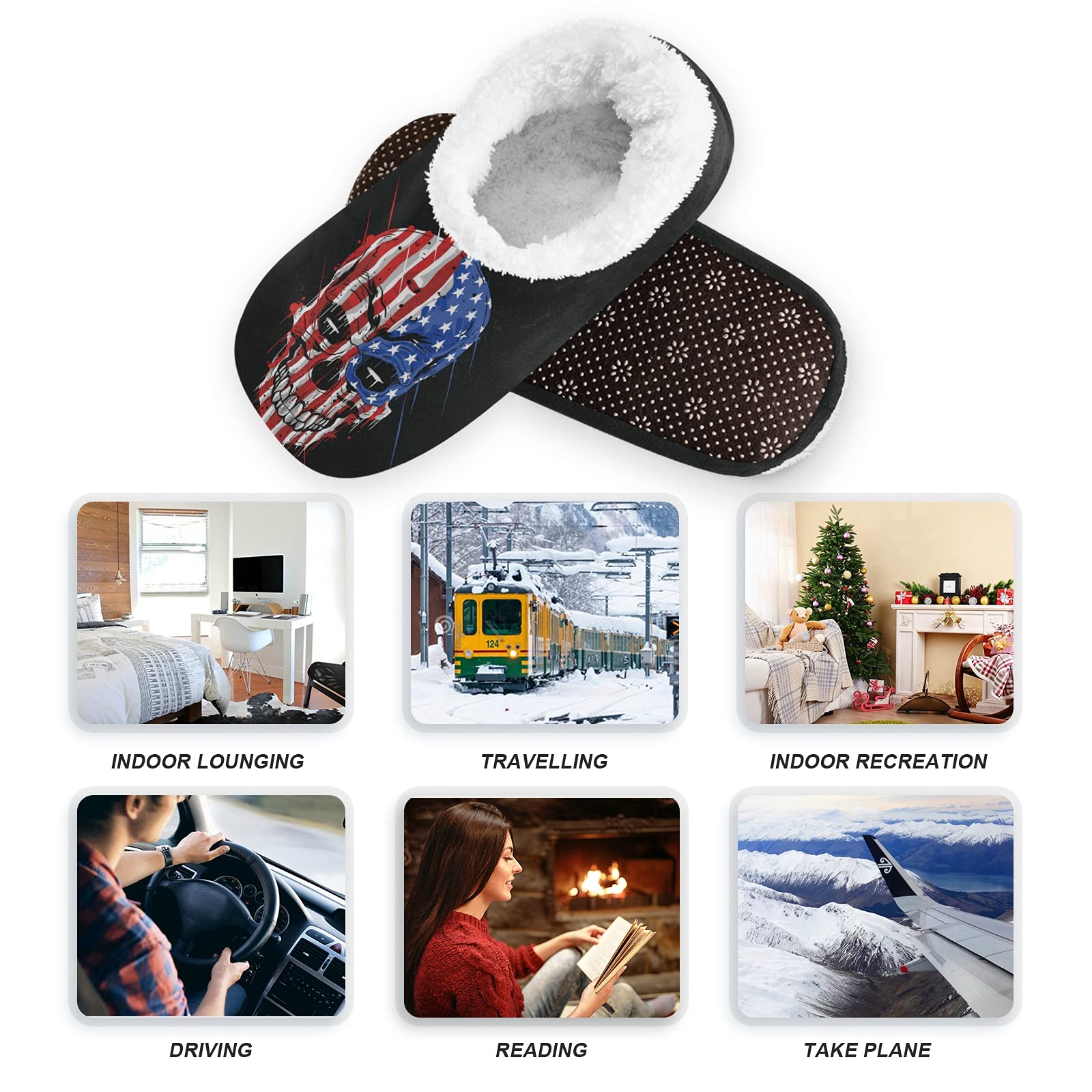 USA Flag Skull Slippers for Women & Men - Soft Cozy Fuzzy House Shoes with Non-Skid Sole for Home, Indoor & Office Wear - Perfect for Relaxing, Lounging & Holiday Gifts