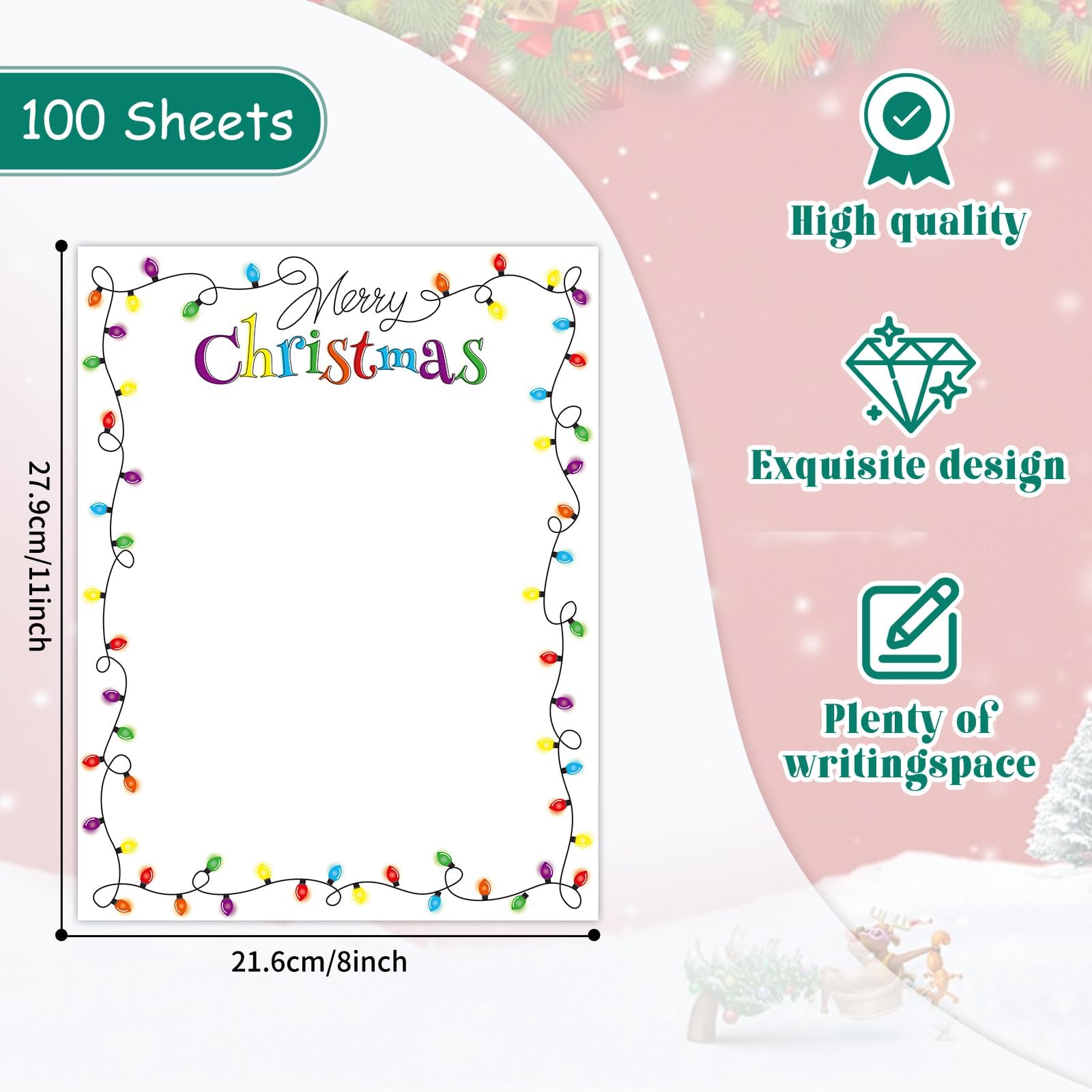 100-Pack Christmas Light Bulbs Letterhead Border Paper - 8.5 x 11 Inch Holiday Stationery for Santa Letters, Invitations, Office & School Use - Perfect for Festive Notes, Printer Paper & Holiday Decorations