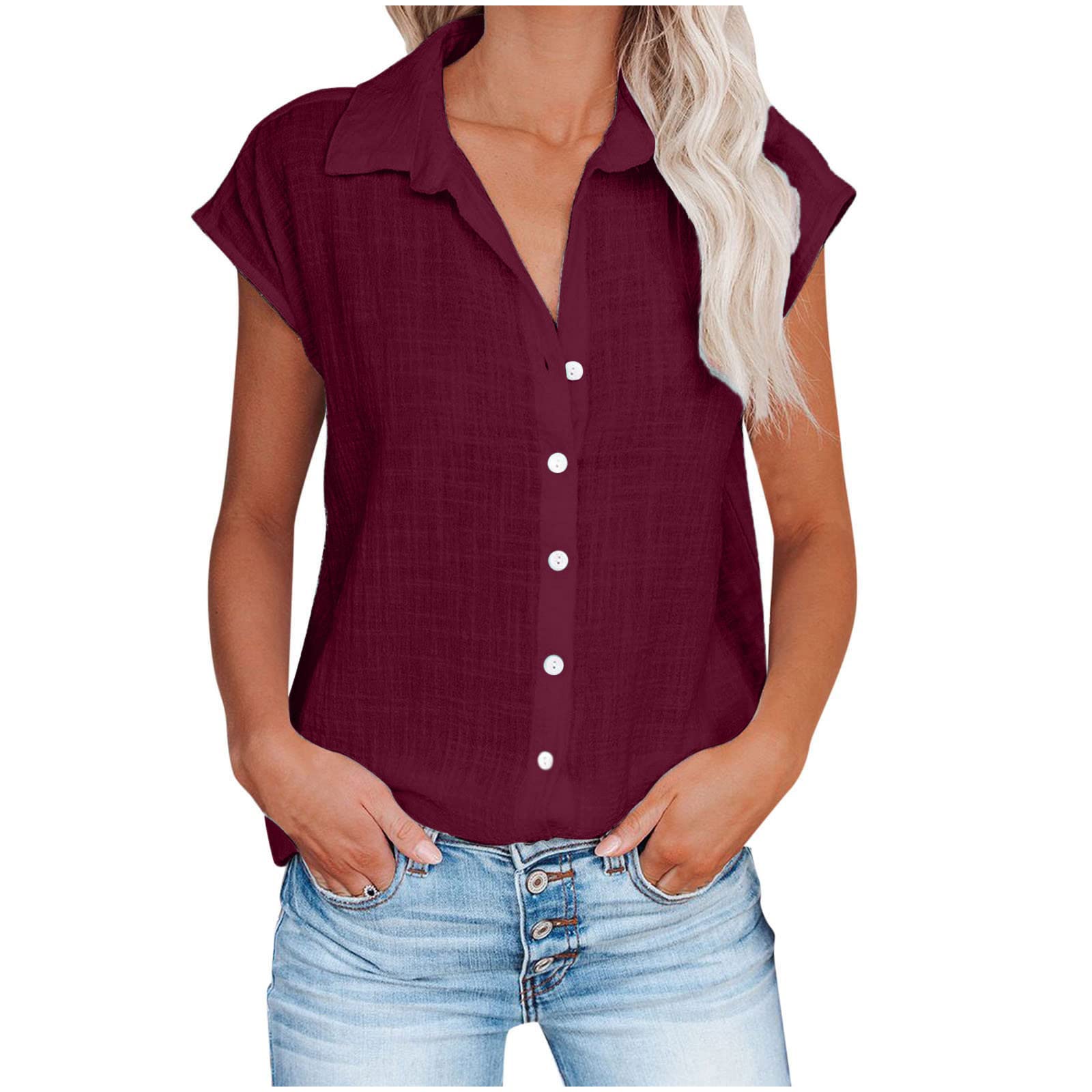 Women's Casual Linen Short Sleeve Button Down Shirt - Loose Fit Lapel T-Shirt for Summer | Going Out Tops & Everyday Wear | Breathable Comfort for Outdoor Activities & Office