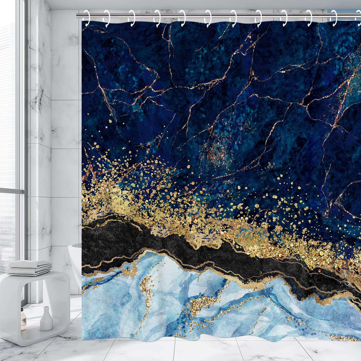RosieLily Blue Marble Shower Curtain Set - Waterproof Abstract Bathroom Decor with 12 Hooks, Navy Blue & Gold Cracked Lines Design (72
