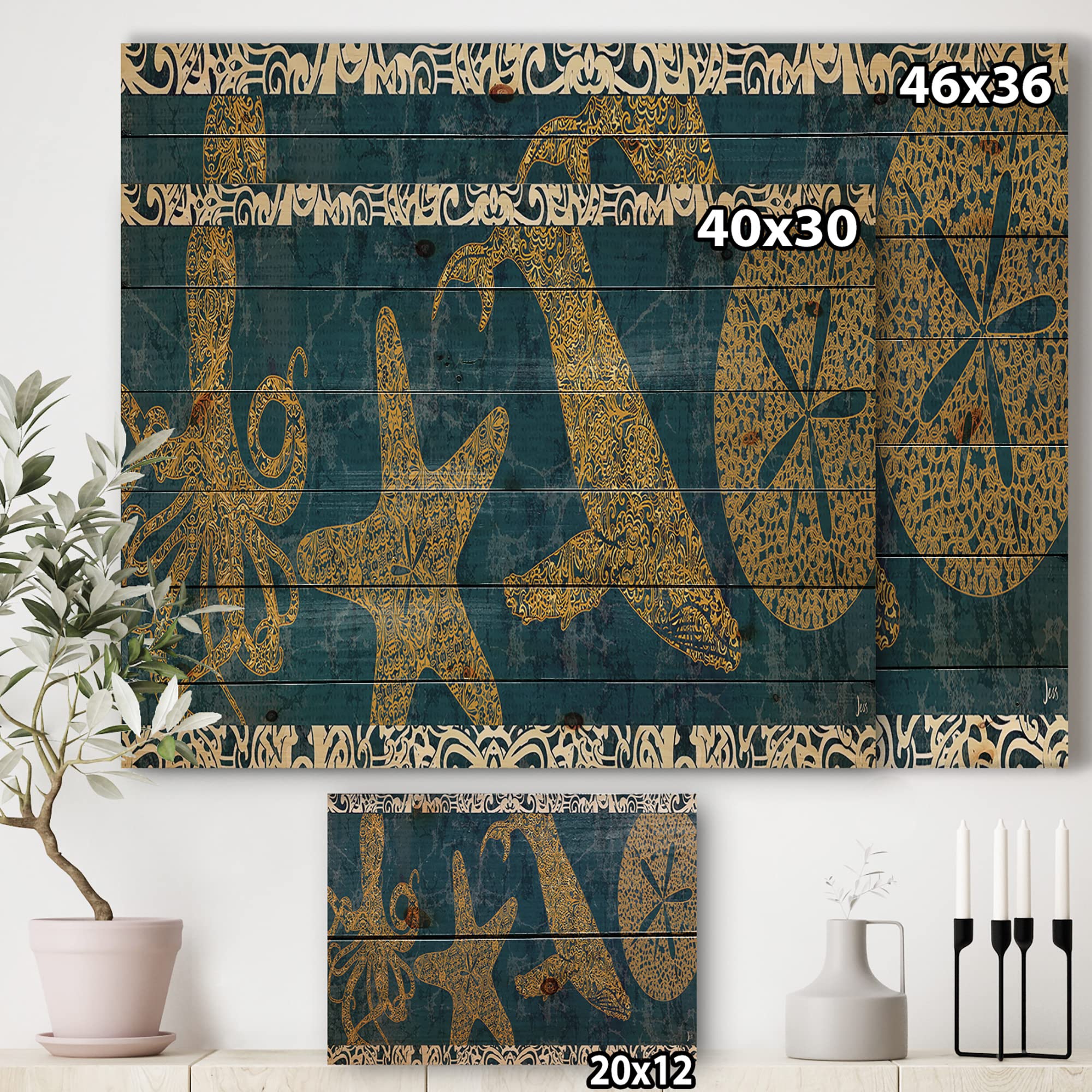 Coastal Sea Life Wood Wall Decor - Starfish & Octopus Nautical Art on Natural Pine Wood, Blue Ocean-Themed Wall Panels for Beach House, Living Room or Nursery Decor
