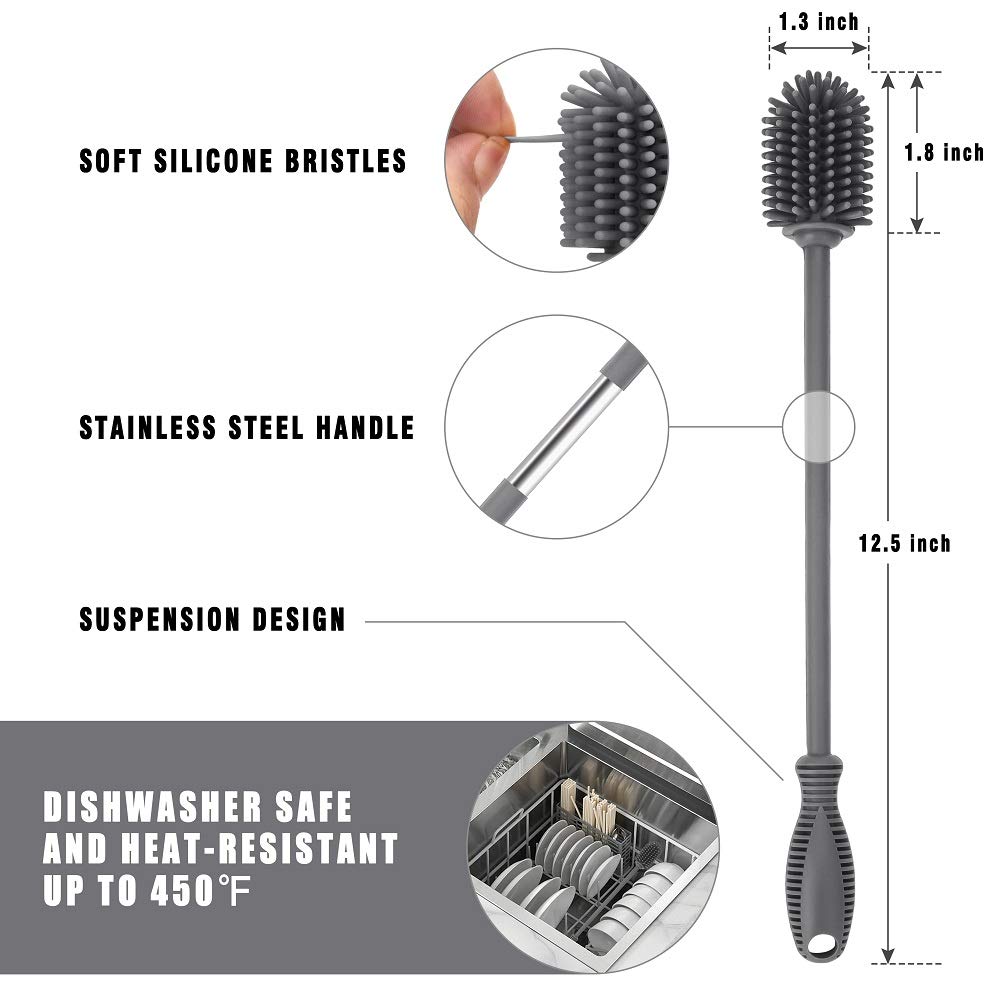 Long Handle Silicone Bottle Brush - Clean Baby, Hydro Flask & Sports Bottles - for Small Openings - Home & Travel Use
