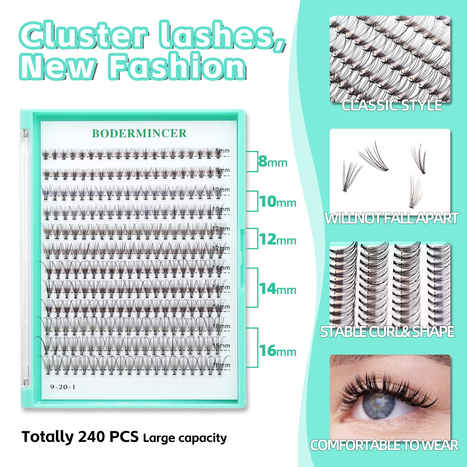 Bodermincer Black & Colored Cluster Lashes 240pcs - 20D/40D DIY Eyelash Extension Kit with D Curl Long Individual Lashes - Faux Mink Lash Clusters 8-22mm (10D 8-10-12-14-16mm Mix) - Perfect for Professional Salons, Bridal Makeup & Home Use