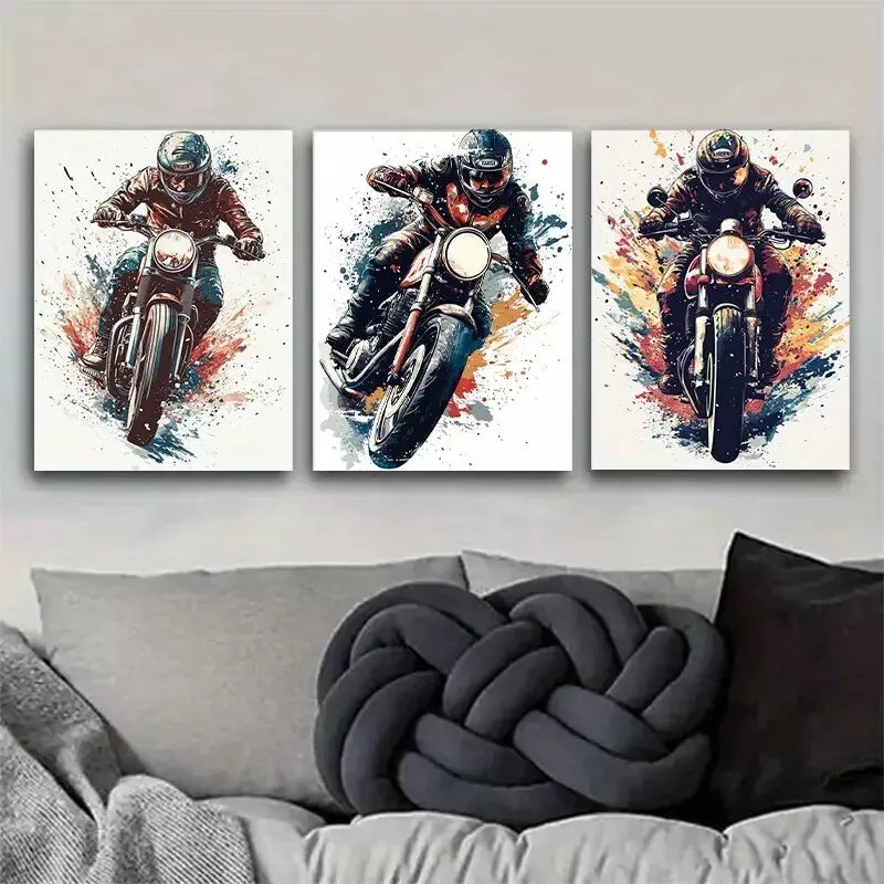 3-Piece Vibrant Motorcycle Rider Wall Art Set - Framed Canvas 40x60cm (16x24in) - High Quality Australian Made Prints - Ready to Hang - Perfect for Living Room, Bedroom or Man Cave Decor