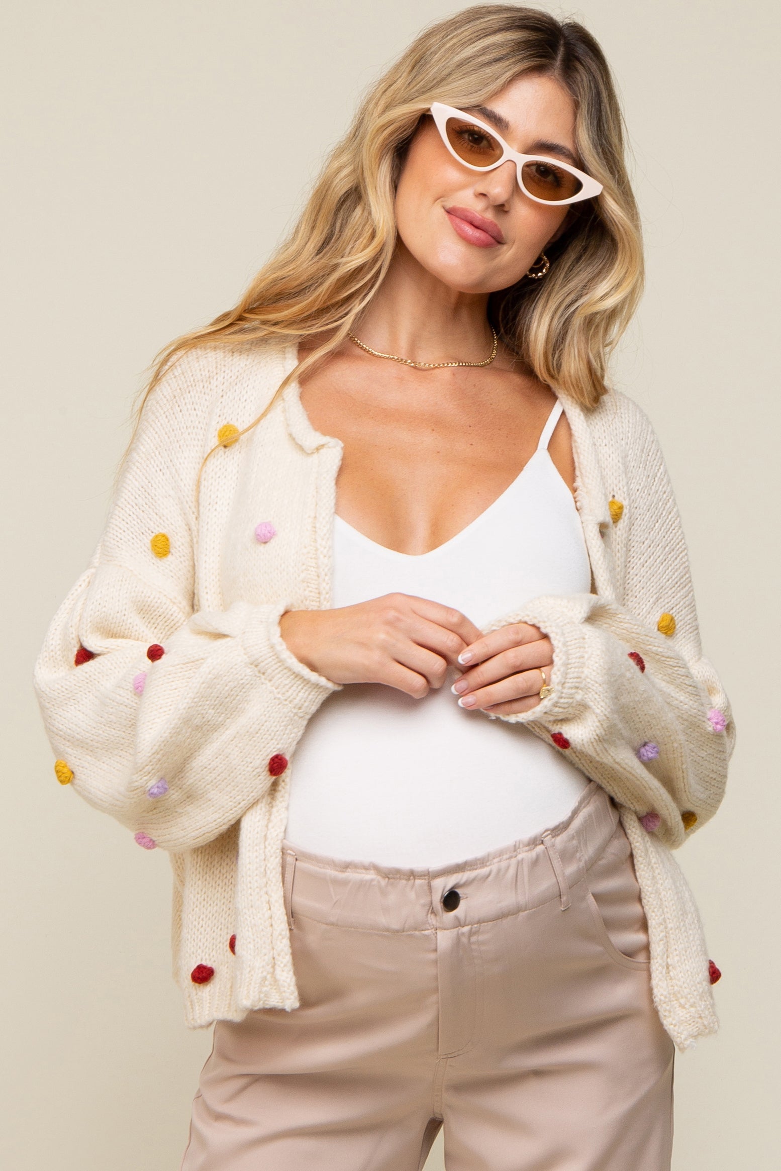Cozy Beige PomPom Maternity Cardigan for Pregnant Women - Soft Knit Sweater for Nursing, Pregnancy & Postpartum Comfort