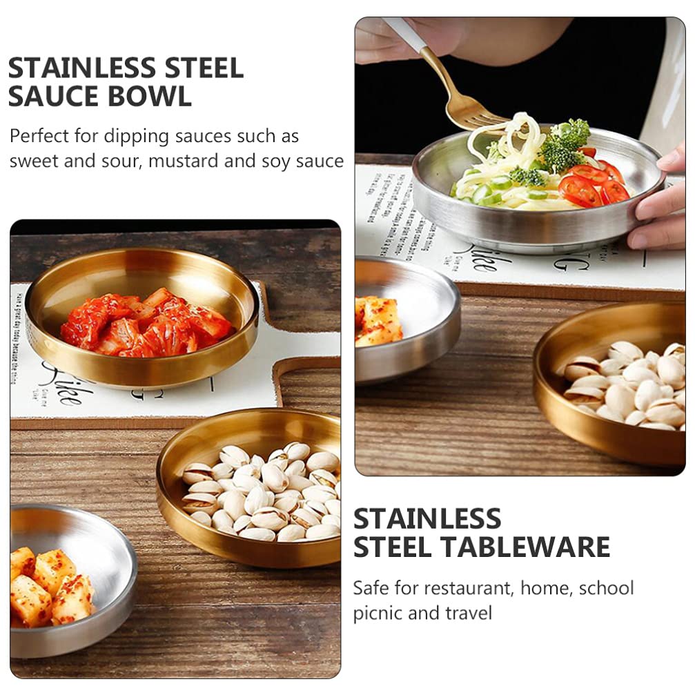 Hemoton 4-Piece Stainless Steel Double Layer Kimchi Bowls - Mixing Bowls for Appetizers, Dips, Sauces & Asian Spices - Perfect for Sushi, Korean Dishes & Food Tasting - Durable Metal Dipping Plates for Home & Restaurant Use