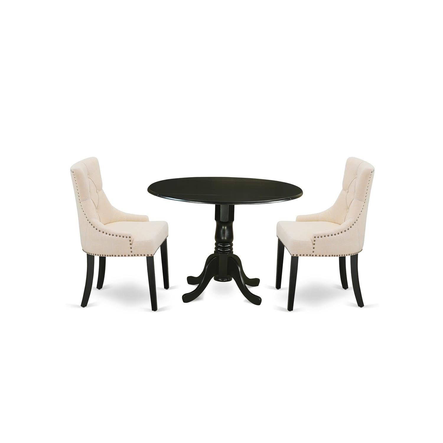East West Furniture DLFR3-BLK-02 3-Piece Round Kitchen Table Set with Drop Leaf & 2 Light Beige Linen Chairs, 42x42 Inch, Black - Perfect for Small Dining Rooms, Breakfast Nooks & Compact Apartments