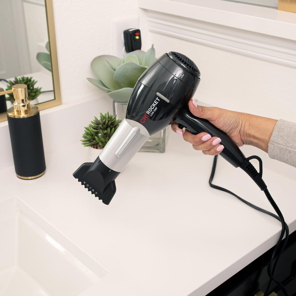 CHI Rocket Hair Dryer with Comb & Nozzle - Fast Drying, Frizz-Free Shiny Hair - Lightweight, Low EMF Hair Dryer for Salon & Home Use - Perfect for Travel, Styling & Daily Hair Care