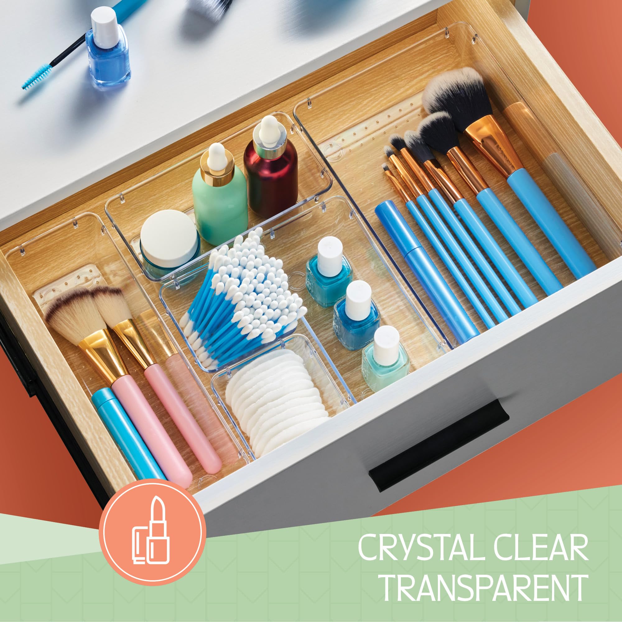 25-Piece Clear Plastic Drawer Organizer Set - 4 Sizes for Makeup, Jewelry, Kitchen & Office Storage - Non-Slip Bathroom Vanity Trays - Perfect for Bedroom, Bathroom & Kitchen Organization