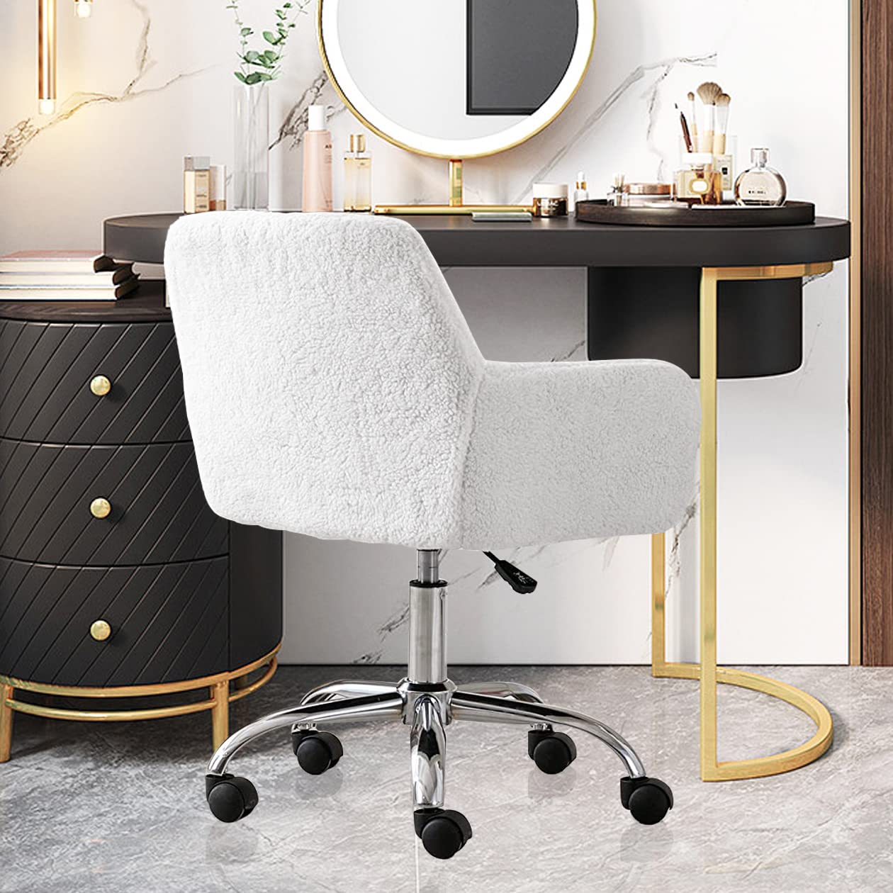 HomVent Swivel Chair with Padded Back & Arms - Upholstered Faux Fur Office Desk Chair, White Vanity Makeup Chair - Perfect for Home Office, Study Room, Living Room & Bedroom