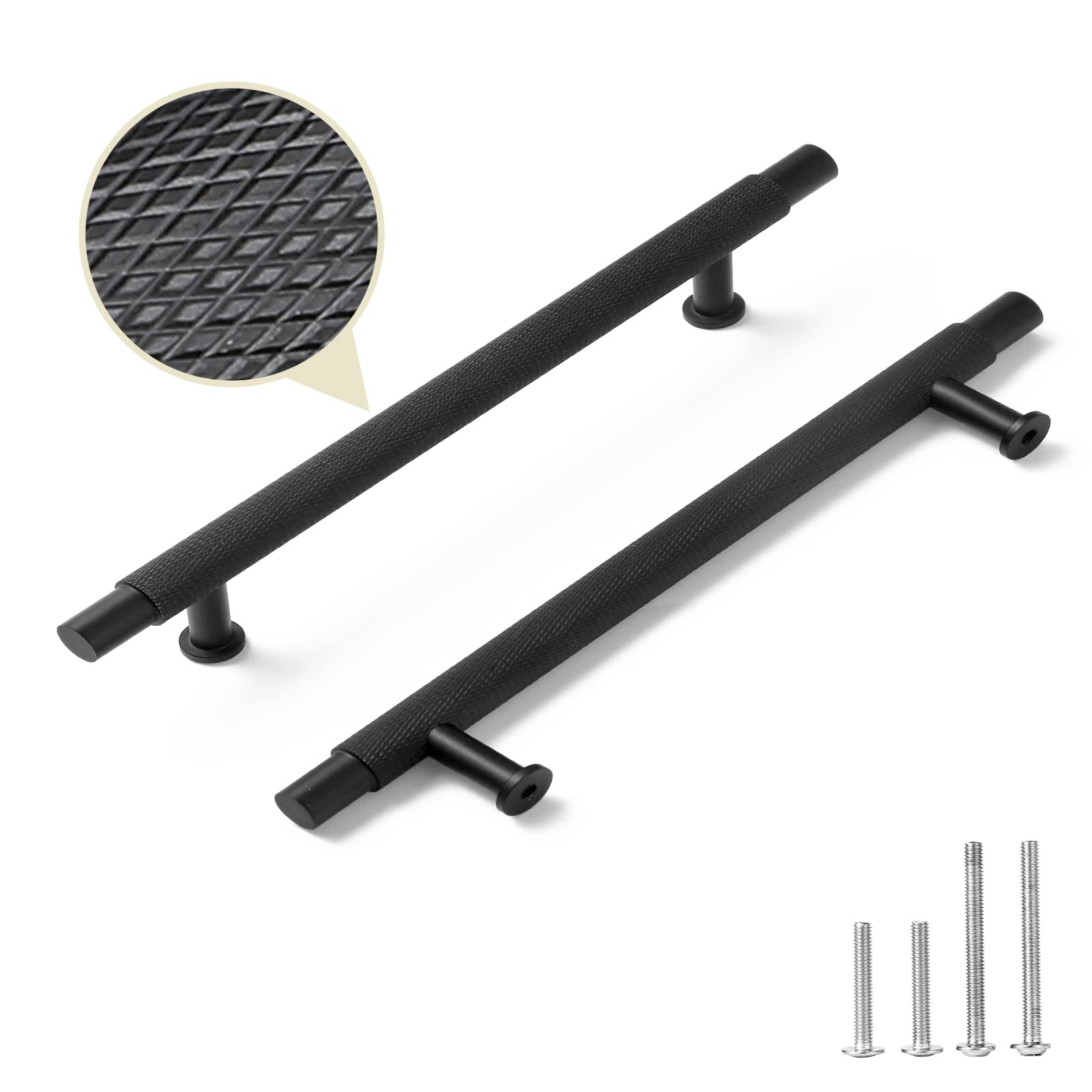 6 Pack 10 Inch Matte Black Kitchen Cabinet Handles - Solid Diamond Pattern Knurled Drawer Pulls for Cupboard, Dresser & Cabinet Hardware | Durable Kitchen & Bathroom Upgrade for Modern Home Decor