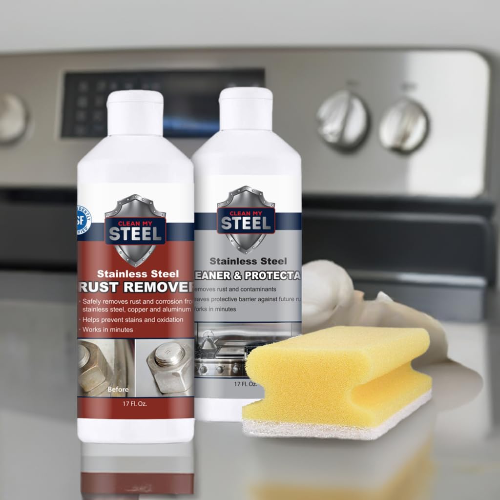 Innoshine B570 Rust Remover & Innocare B580 Cleaner Kit - Stainless Steel Rust Remover, Cleaner and Protector for Appliances, Cookware, Sinks (17 oz) | Removes Rust Stains, Polishes & Protects Surfaces | Includes Gloves & Sponge for Easy Cleaning