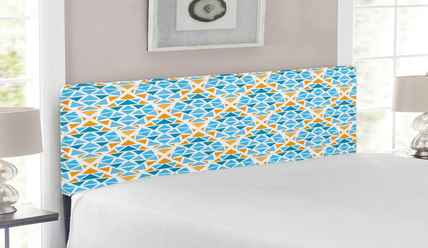 Ambesonne Queen Size Upholstered Headboard - Blue & Yellow Diamond Geometric Pattern with Memory Foam - Traditional Mosaic Design Metal Bed Frame Headboard (Aqua, Teal, Marigold) - Perfect for Modern Bedroom Decor & Guest Room Upgrade