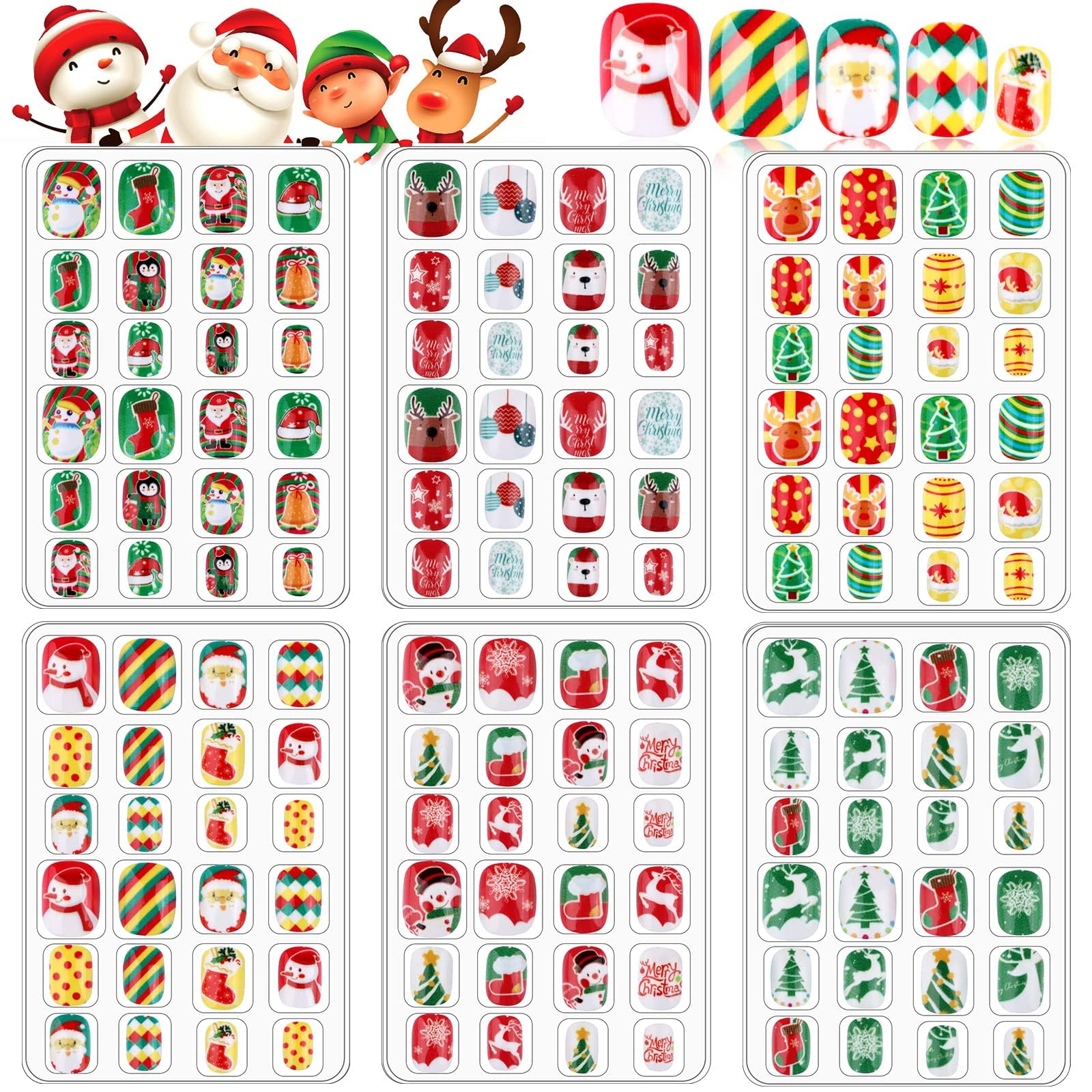 EBANKU 6 Packs Christmas Press on Nails for Kids - Short False Fingernails with 3D Santa Claus Snowman & Christmas Tree Designs - Perfect for Girls Holiday Parties, School Events & Family Gatherings