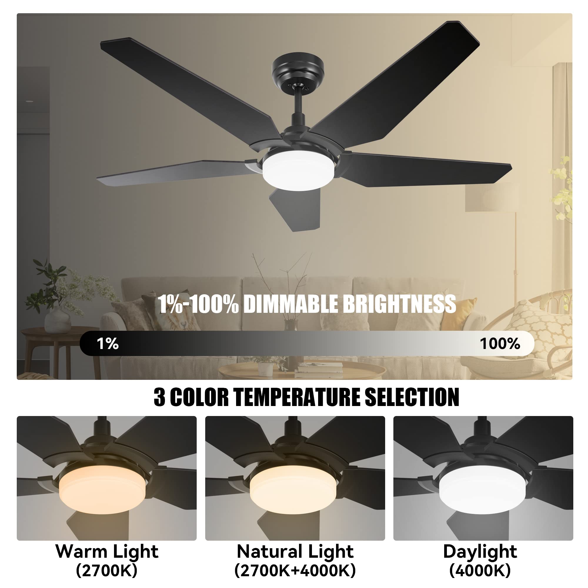 SMAAIR 52 Inch Smart Ceiling Fan with Light - 5 Blade Low Profile Flush Mount Fan, 10 Speed DC Motor & Dimmable LED - APP/Alexa/Google Assistant/Siri Shortcuts Compatible - Perfect for Bedroom, Living Room, Office (Black)
