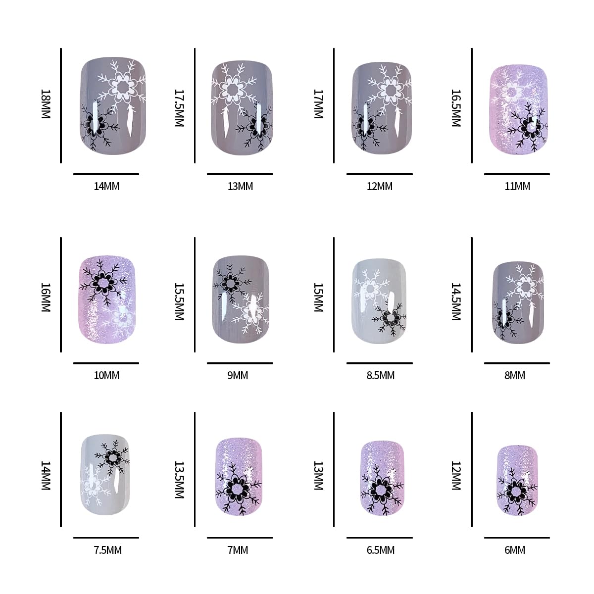 24Pcs Christmas Snowflake Press on Nails - Short Square Fake Nails with Silver Glitter Designs, Purple Full Cover Glue on Nails, Black & White Snowflake Christmas False Nails for Women - Perfect for DIY Winter Manicure, Holiday Parties & Gift Giving