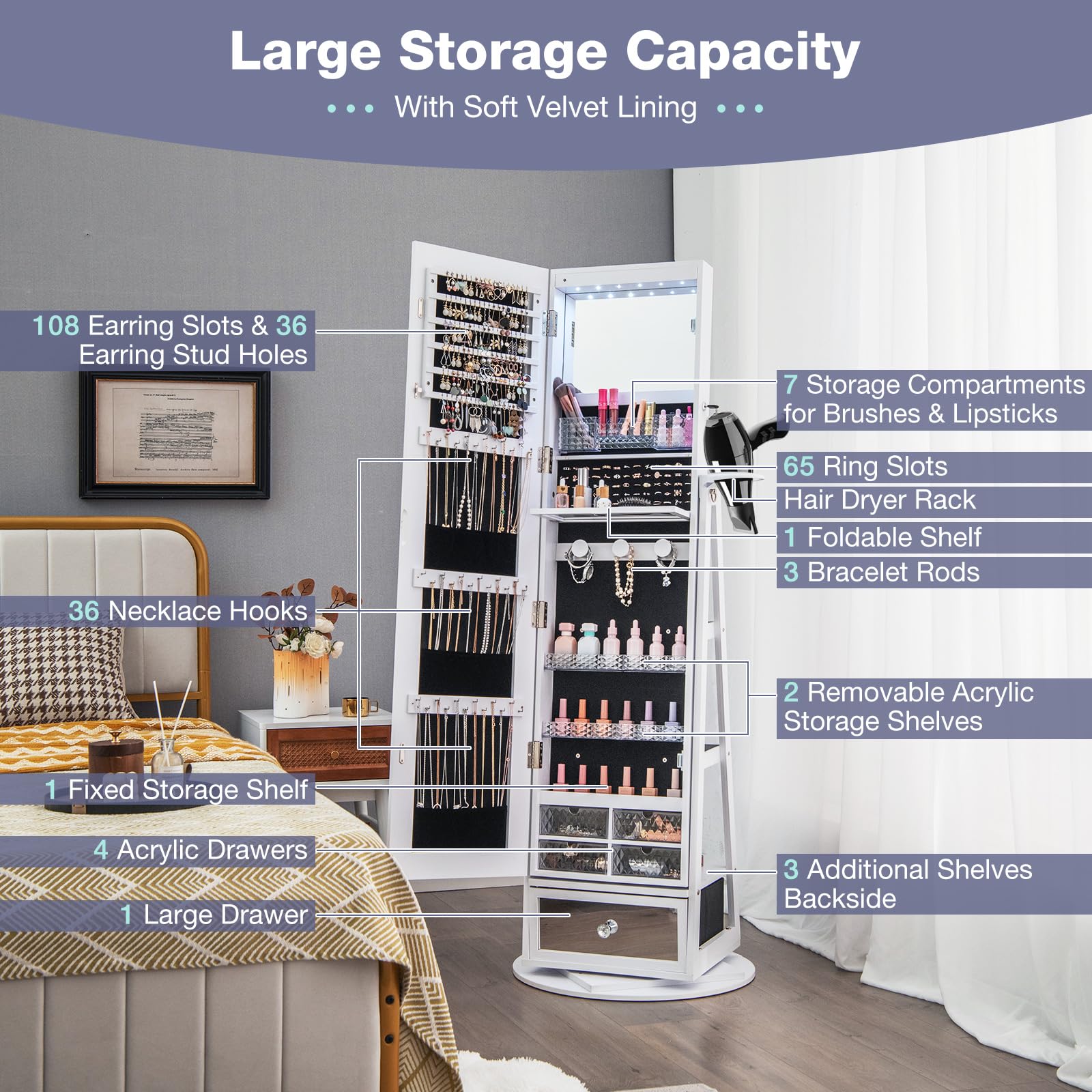 CHARMAID 360° Swivel Jewelry Cabinet Armoire with Full Length Mirror - 64.5