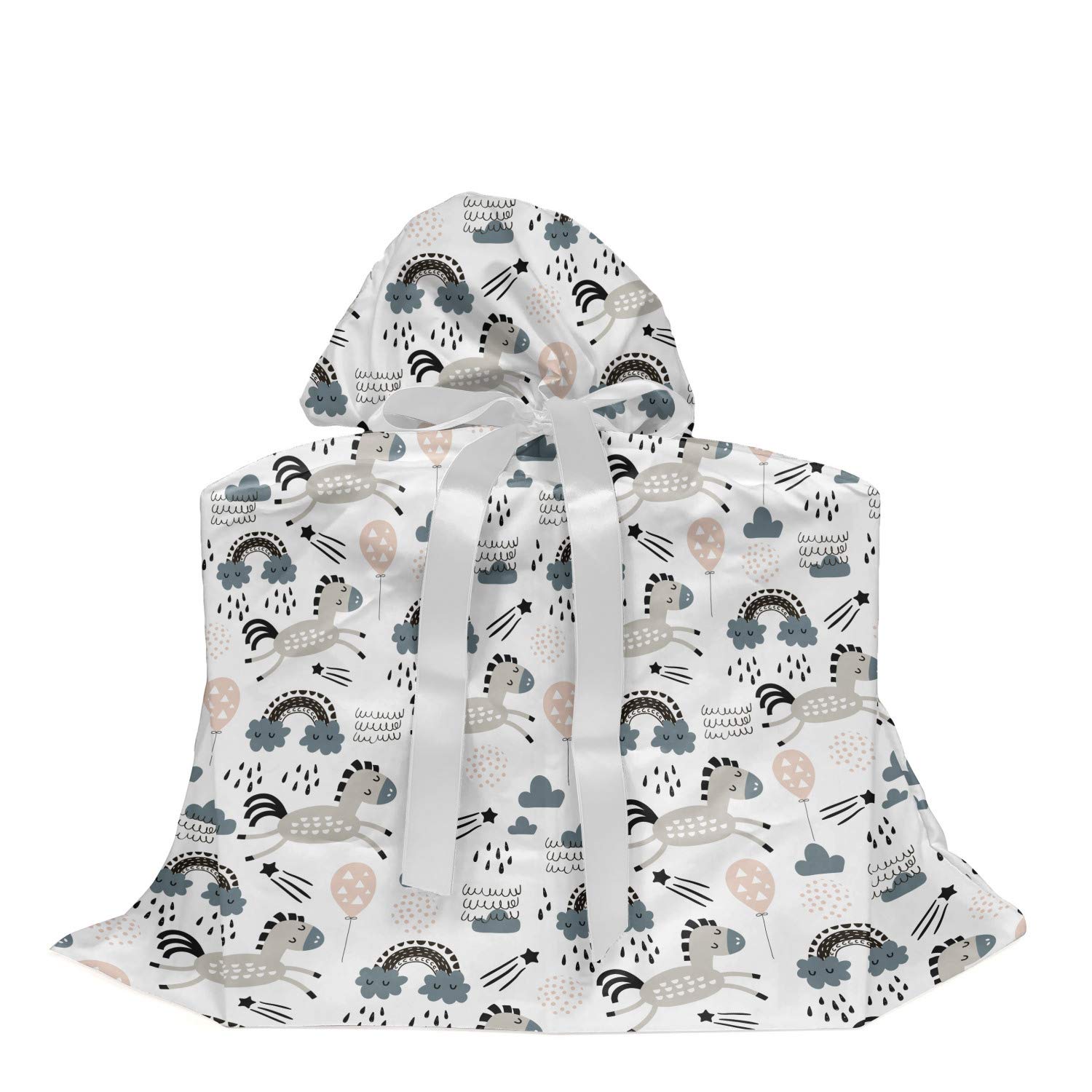 Ambesonne Cartoon Horse Gift Bag with Balloons, Rainbow Clouds & Raindrops - Slate Blue Fabric Party Favor Pouch with 3 Ribbons (27