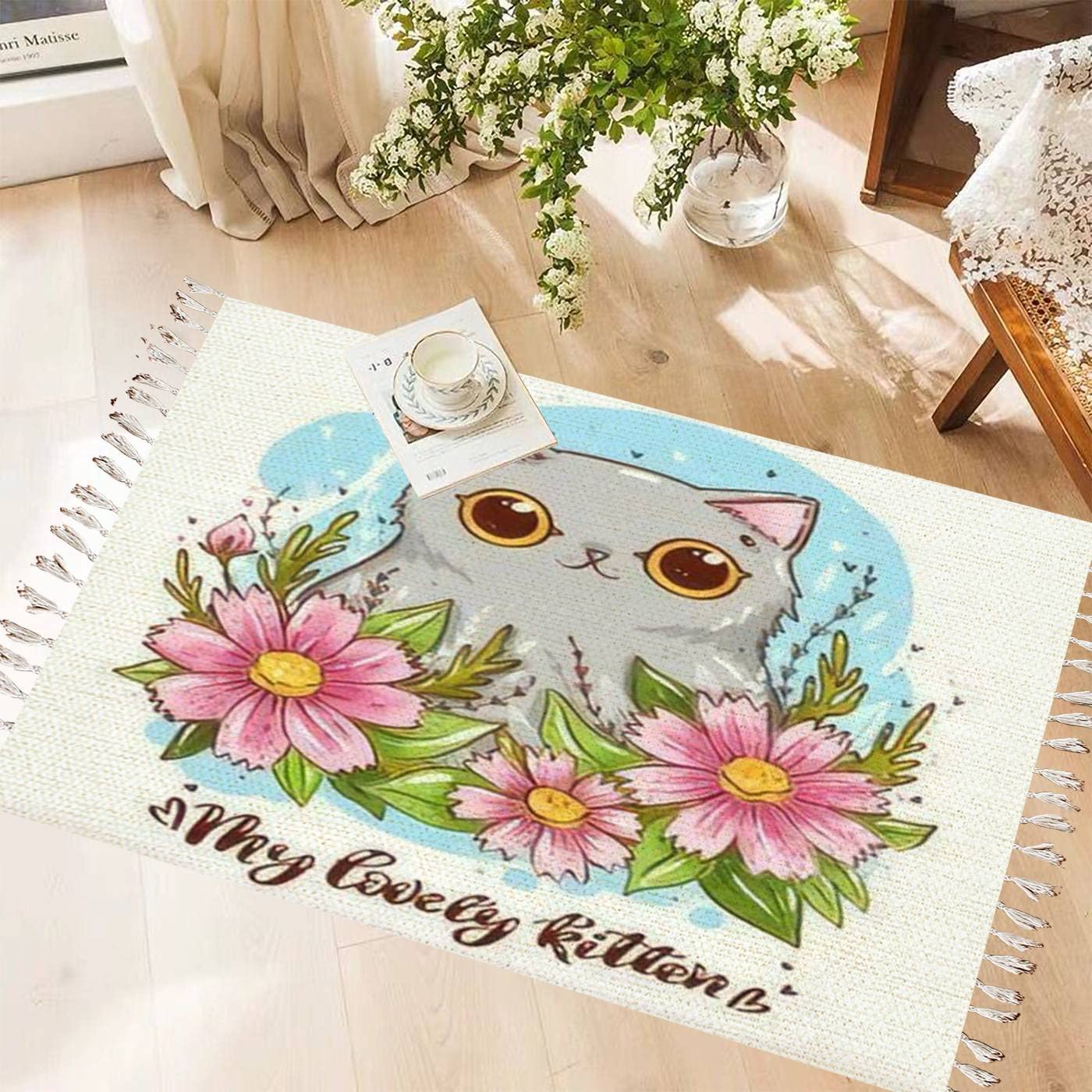 Washable Cotton & Linen Boho Rug with Retro Tassels - Grey Cat & Cosmos Flowers Print for Kids Room, Nursery Decor | Non-Slip Woven Runner Mat for Kitchen, Bathroom, Living Room & Outdoor Use