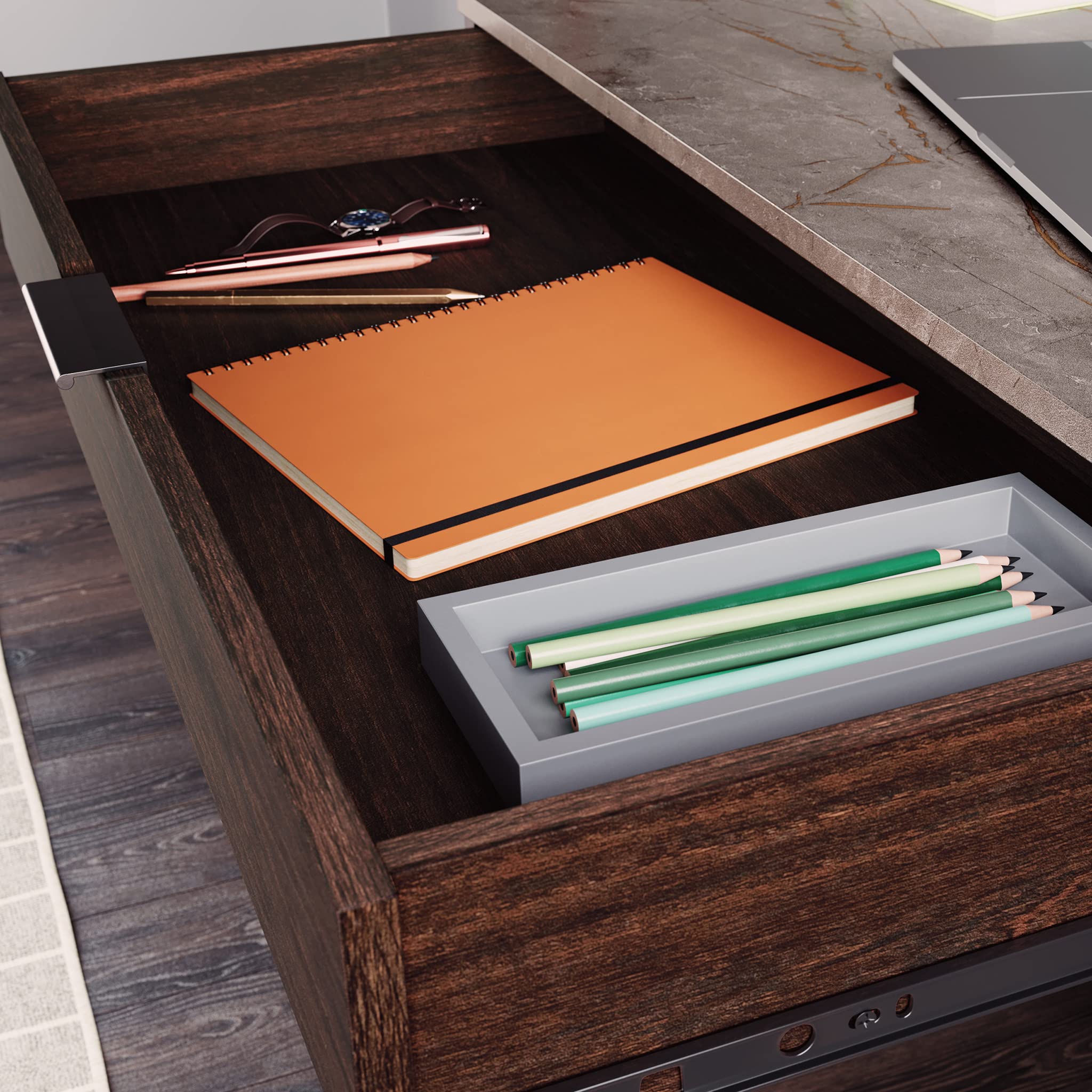 Sauder International Lux Single Pedestal Home Office Desk - Modern Umber Wood Finish for Study, Work from Home & Small Office Spaces