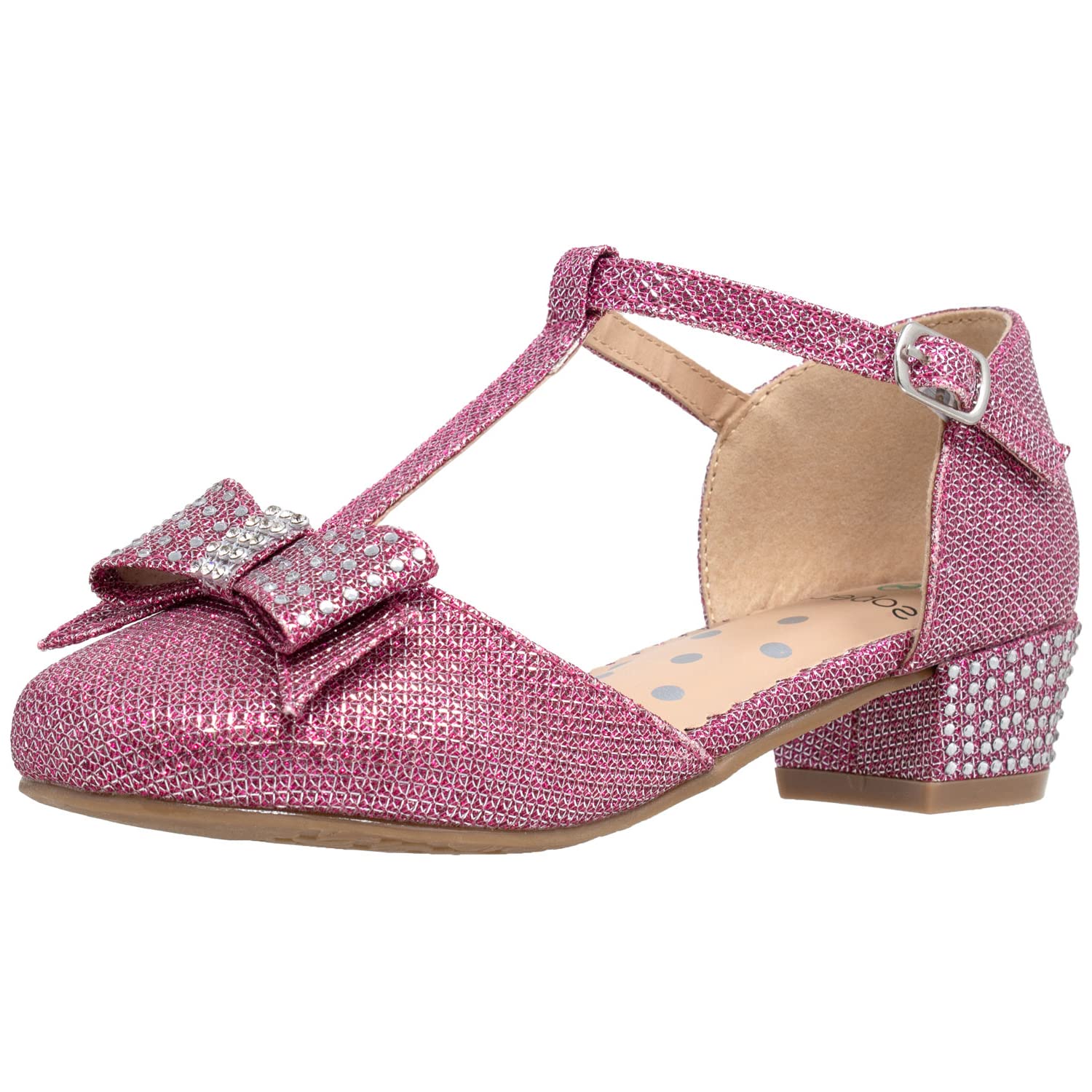 SOBEYO Girls Low Heel Mary Jane Shoes with T-Strap Bow & Glitter Rhinestone - Sparkly Dress Sandals for Kids Birthday Party & Special Occasions